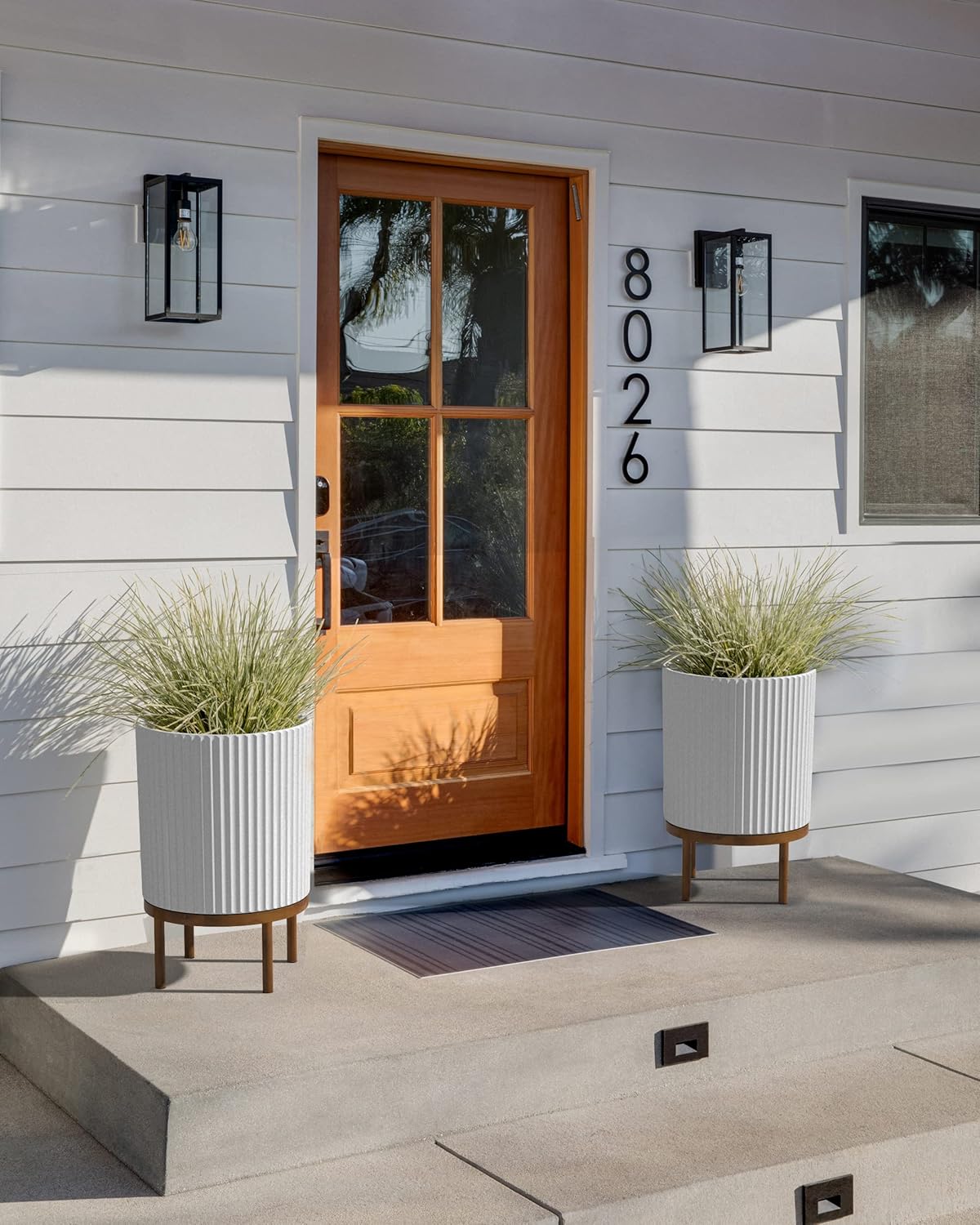 Veradek Demi Series Round Planter w/ Stand for Porch/Patio | Durable Plastic-Concrete & Wooden Stand | Modern Décor for Tall Plants, Flowers
