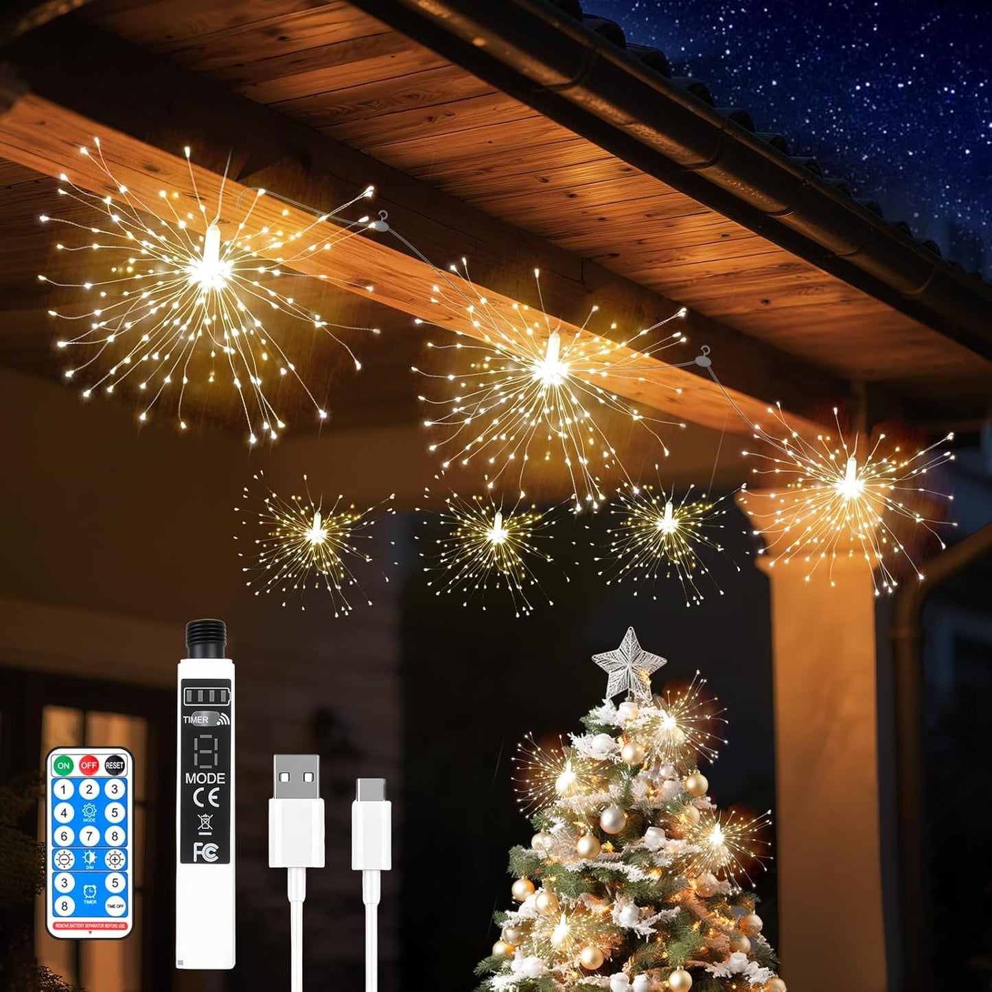 SeaShine 1200LED Fireworks Lights Outdoor, Rechargeable Hanging Fairy Starburst Lights, Waterproof Smart Firework Light with Remotes, 8 Modes, Timer for Garden Weddings Outdoor Christmas Decor 6 Pack