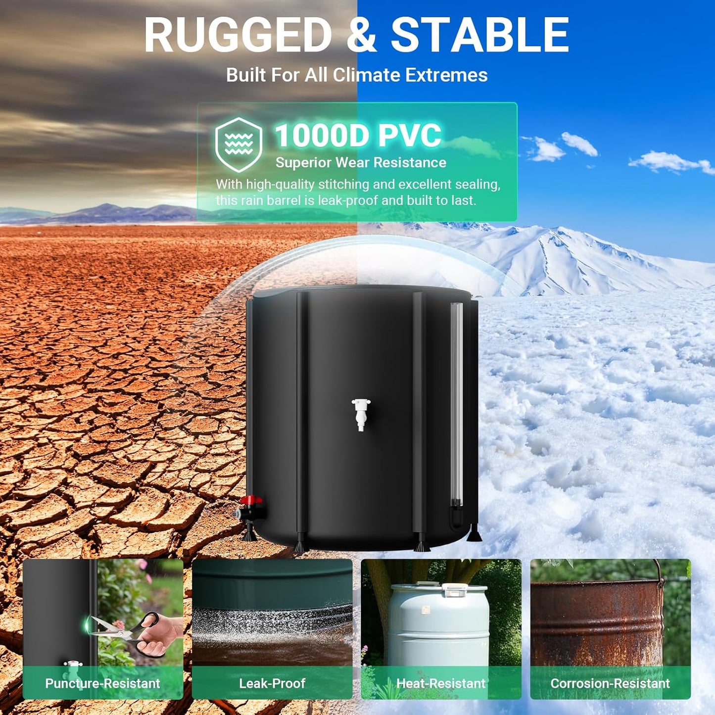 SKM Collapsible Rain Barrel, 53 Gallon Portable Rain Water Collection Barrel for Garden/Outside/Lawn, PVC Rainwater Collection System Water Tank Storage Container with Spigots & Overflow Kit, Black