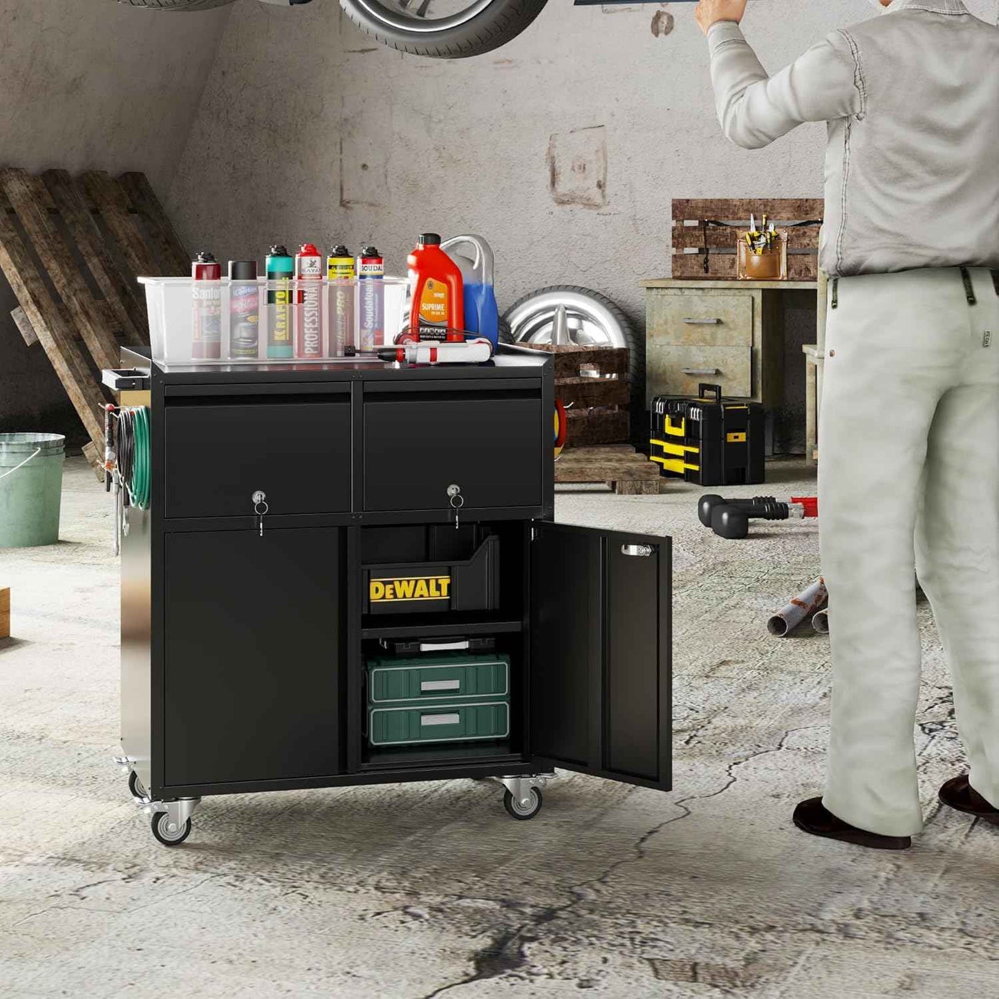 Reemoon Metal Garage Storage Cabinet on Wheels, Tool Storage Cabinet with Drawers Pegboard and 4 Hooks for Garage, Home, Office,Assembly Required,Black