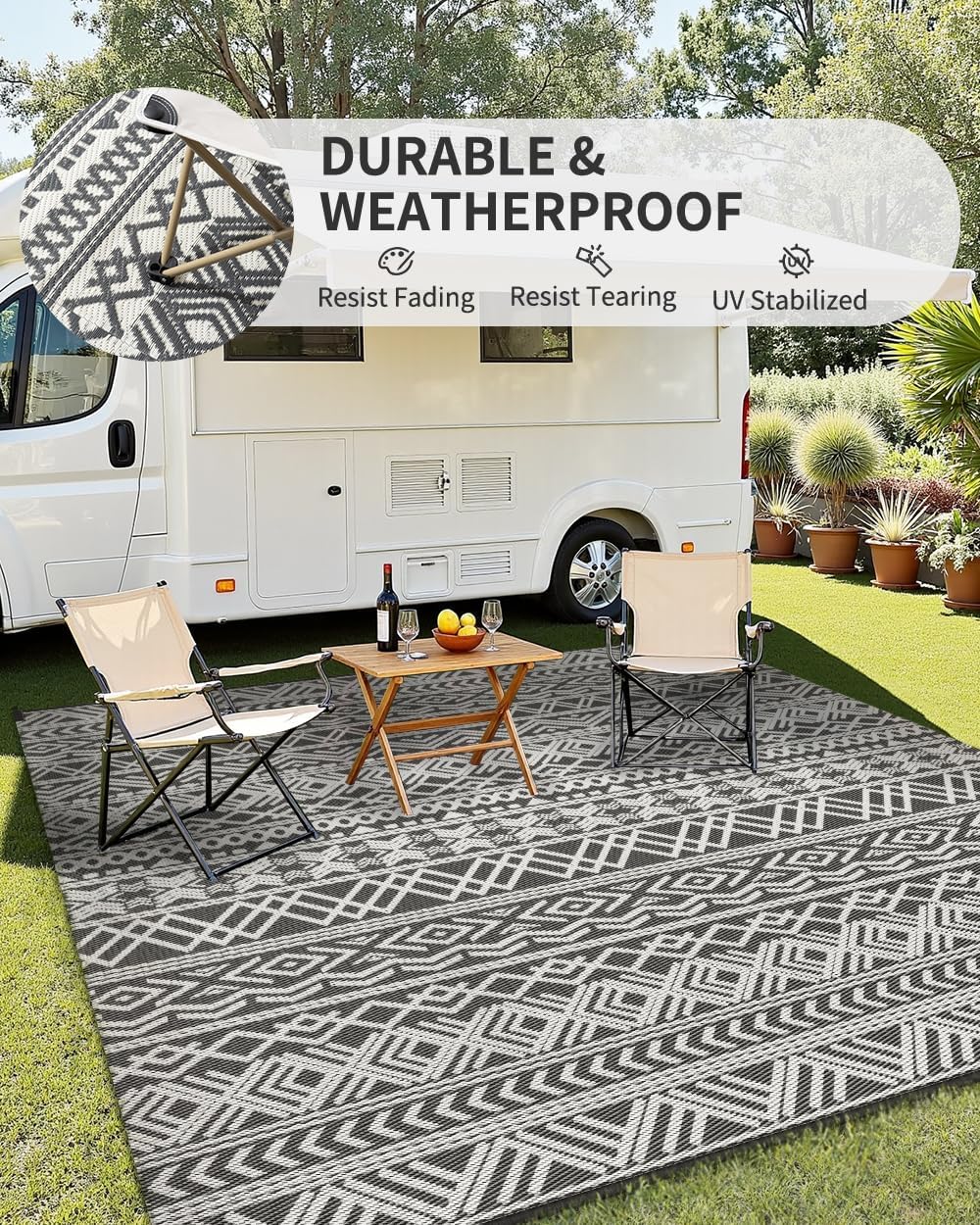 MontVoo-Outdoor Rug Waterproof 6x9 ft Outdoor Carpet Patio Rug Mat Reversible RV Camping Rug-Plastic Straw Rug Outside Outdoor Area Rug for Patio Deck Balcony Backyard Picnic Beach -Boho Grey