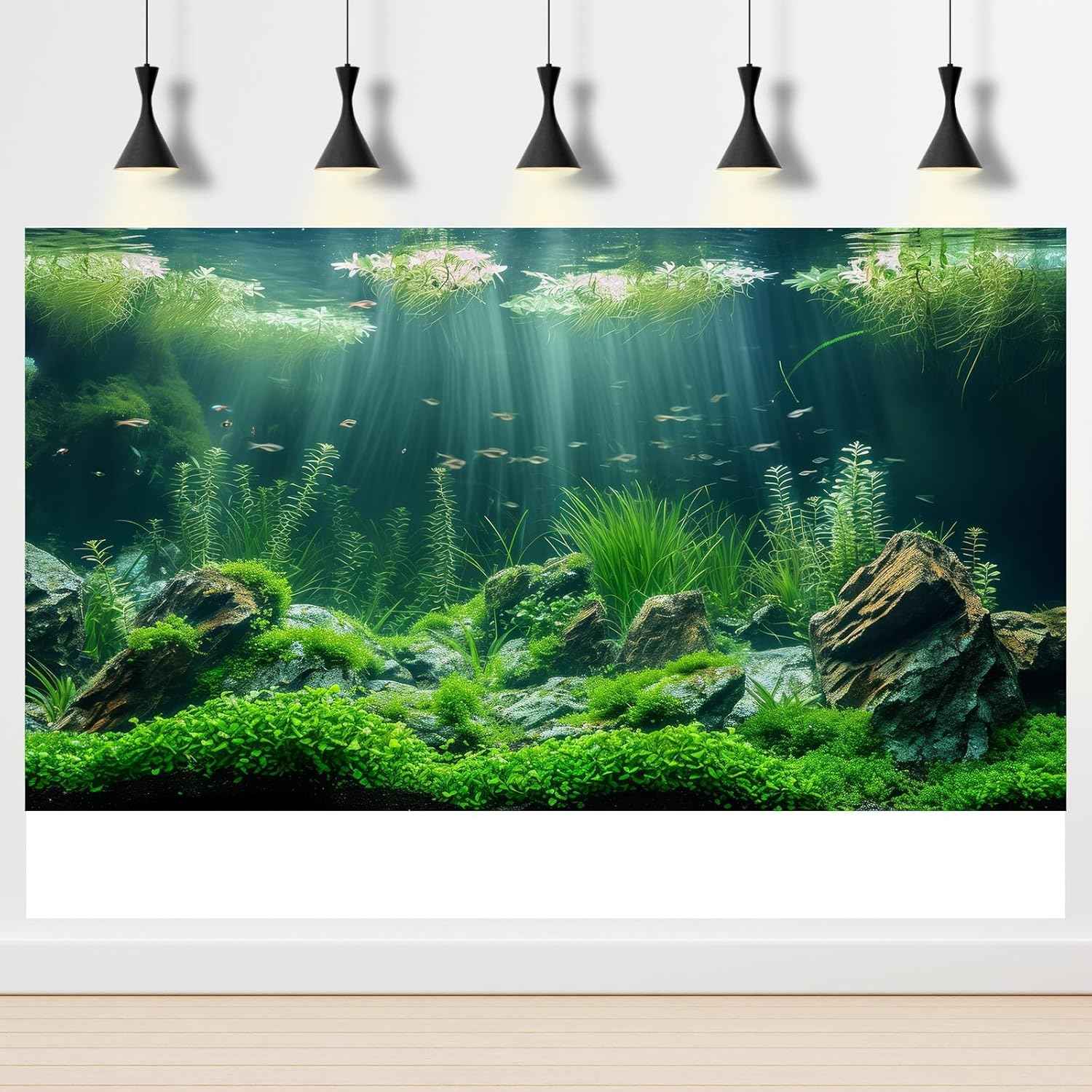 Aquarium Background Underwater Grass Leaves with Stone Aquarium Backdrop Vivid and Fresh Green Aquatic Plant Stone River Bed and Lake Fish Tank Background Decor Vinyl 24x16in