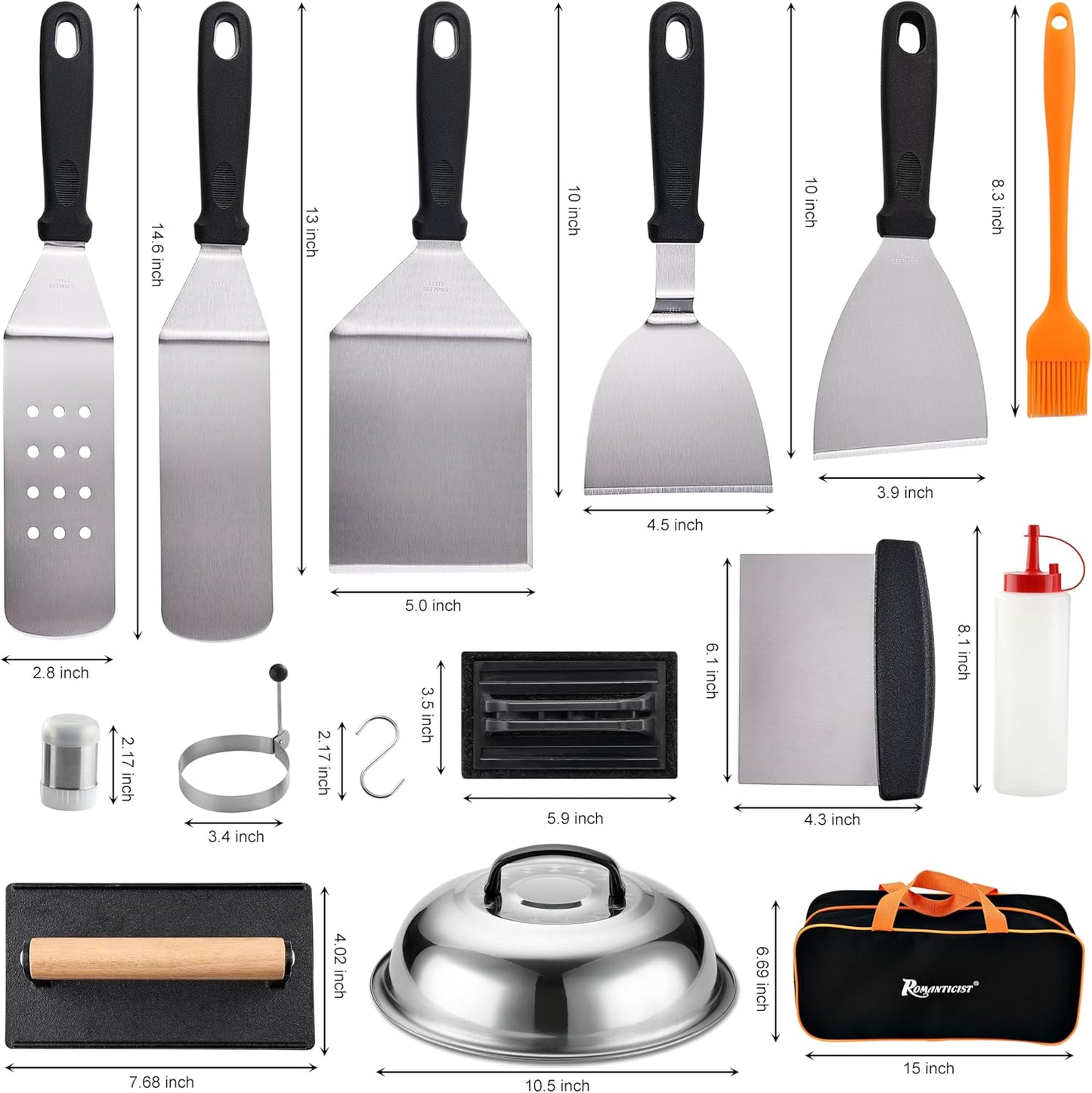 ROMANTICIST 29PCS Griddle Accessories Set - Flat Top Teppanyaki Spatula Set with Scraper, Basting Cover for Camp Chef- Home Cooking Griddle and Outdoor BBQ Gifts for Christmas