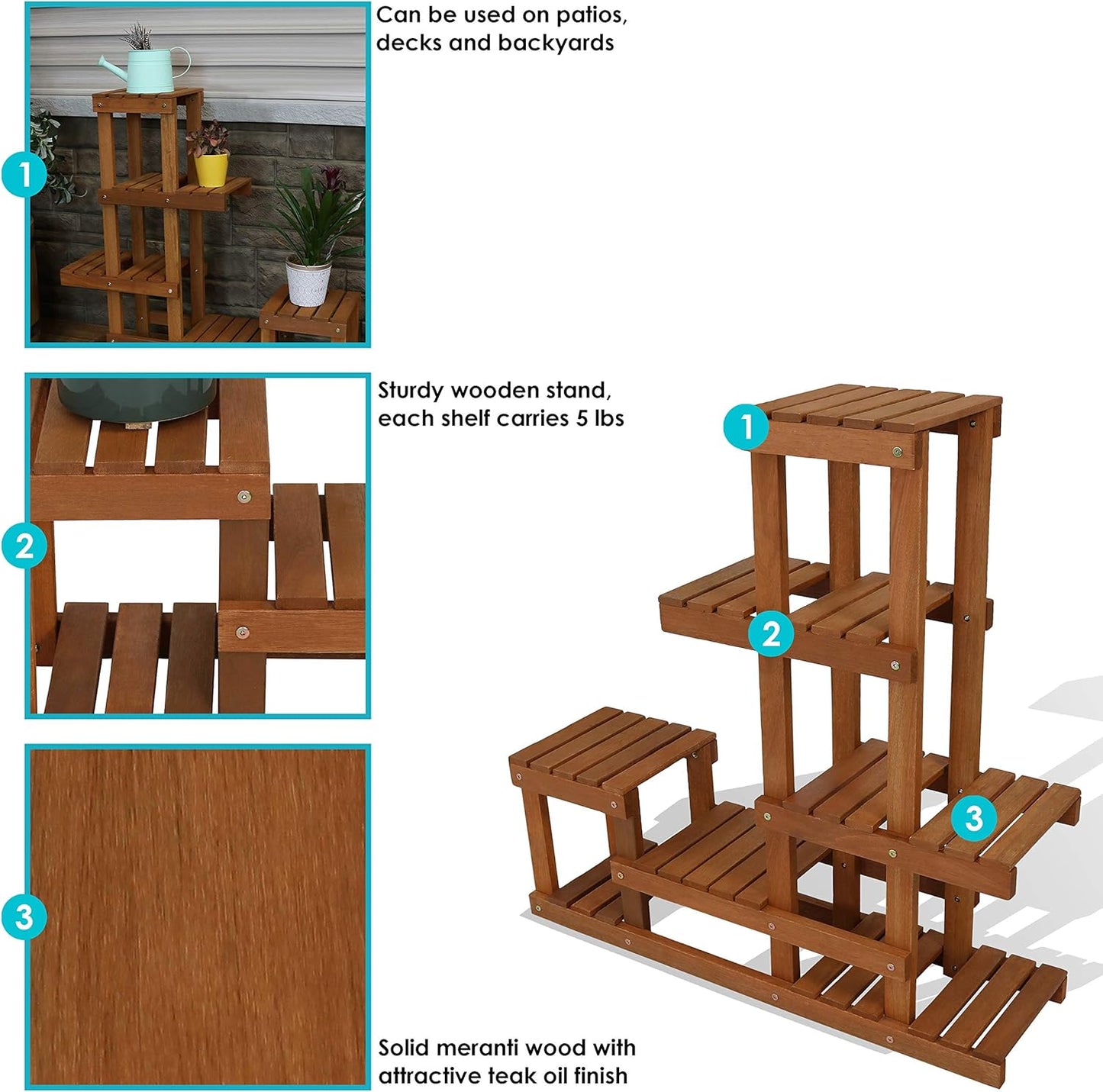 Sunnydaze 36-Inch Meranti Wood Indoor/Outdoor Multi-Tiered Plant Stand with Teak Oil Finish
