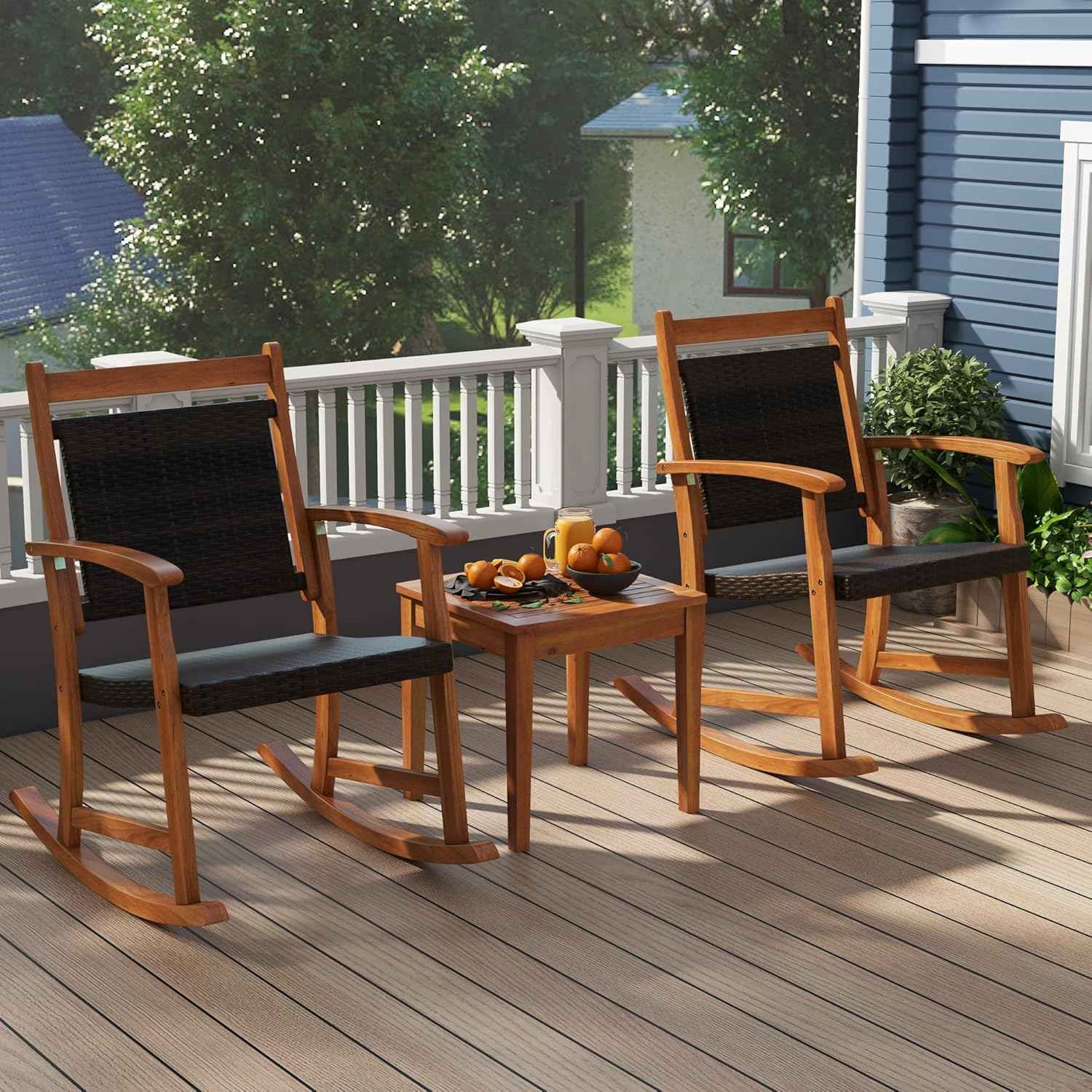 3 Pieces Rocking Chair Set, Acacia Wood Rocking Set with Coffee Table, Wicker Seat & Backrest, Patio Bistro Set Outdoor Conversation Set for Balcony, Garden, Backyard & Poolside