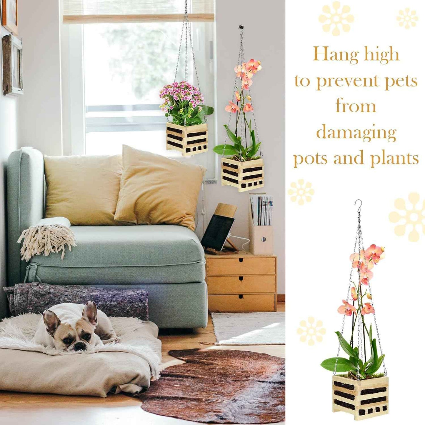 Bucherry Wooden Hanger Orchid Basket 6 Inches with Hangers Rustic Wood Hanging Orchid Planter Square Basket for Indoor or Outdoor Flower Planter with 20 Inches Hanger Chain(1 Set,6 Inch)