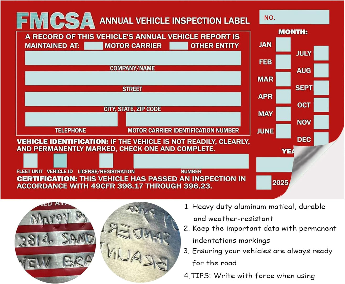 25 Pack 3-Ply Carbonless Annual Vehicle Inspection Report Form with White Interior Inspection Label and Red Exterior Aluminum Inspection Label