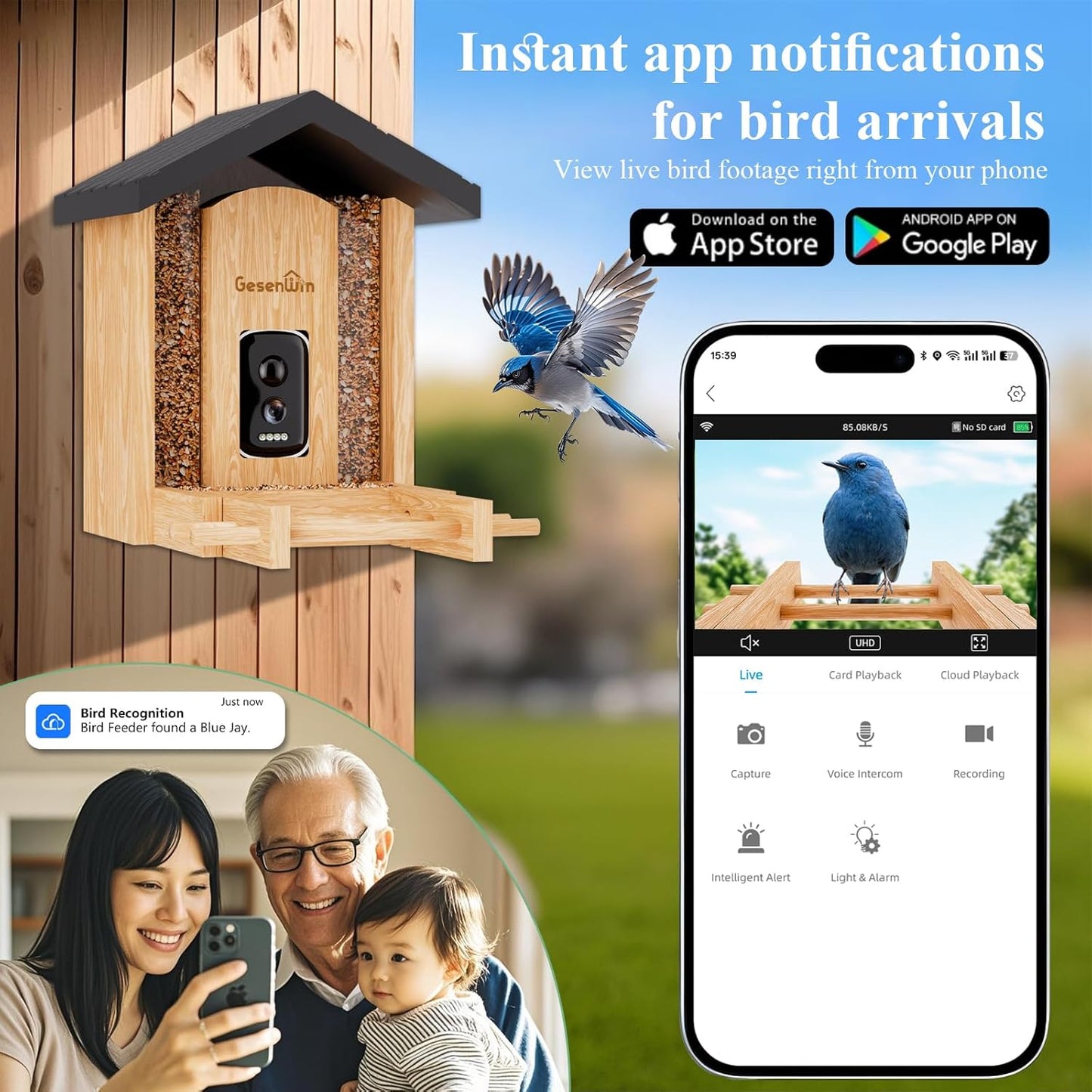 Smart Bird Feeder with Camera for Wild Birds - Identifies 11,000+ Species, Solar Panel Wireless Outdoors Bamboo Birdhouse with Cam, 2K HD Live Video & Instant Alerts - Bird Lover Gifts