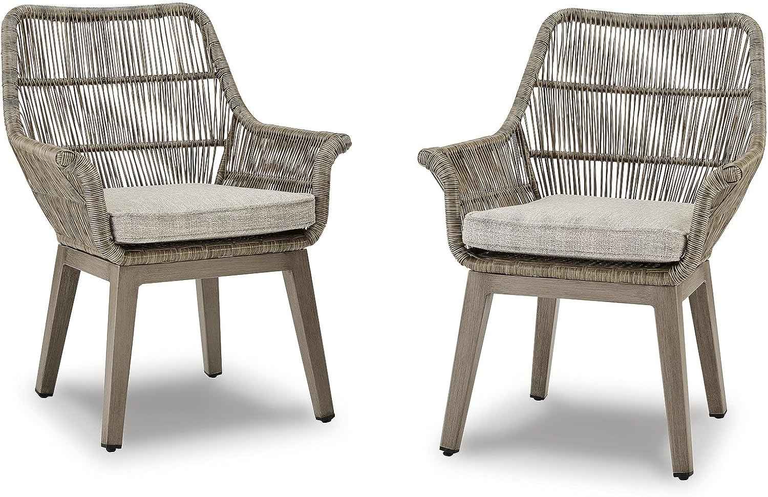 Signature Design by Ashley Beach Front Casual Outdoor Arm Chair with All-Weather Cushion, Set of 2, Resin Wicker with Aluminum Frame, 18.5" Seat Height, Beige