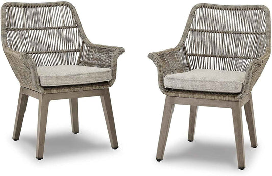 Signature Design by Ashley Beach Front Casual Outdoor Arm Chair with All-Weather Cushion, Set of 2, Resin Wicker with Aluminum Frame, 18.5" Seat Height, Beige