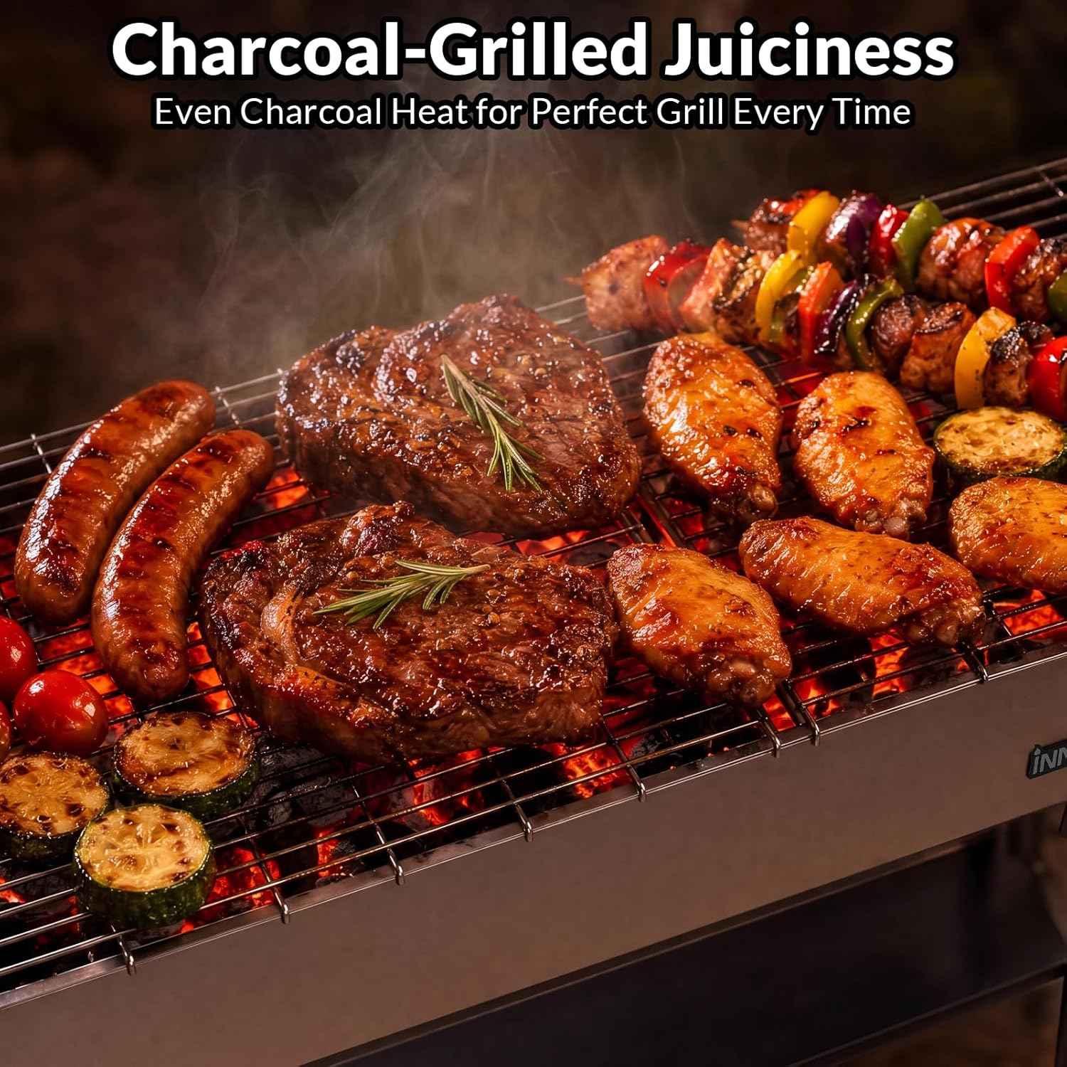 Charcoal Grill, Foldable Portable Camping Charcoal Grill, Stainless Steel BBQ Grill with Ceramic Grate, 2-in-1 Side Tables & Pull-Out Ash Pan Outdoor & Backyard Grill for Patio Cooking