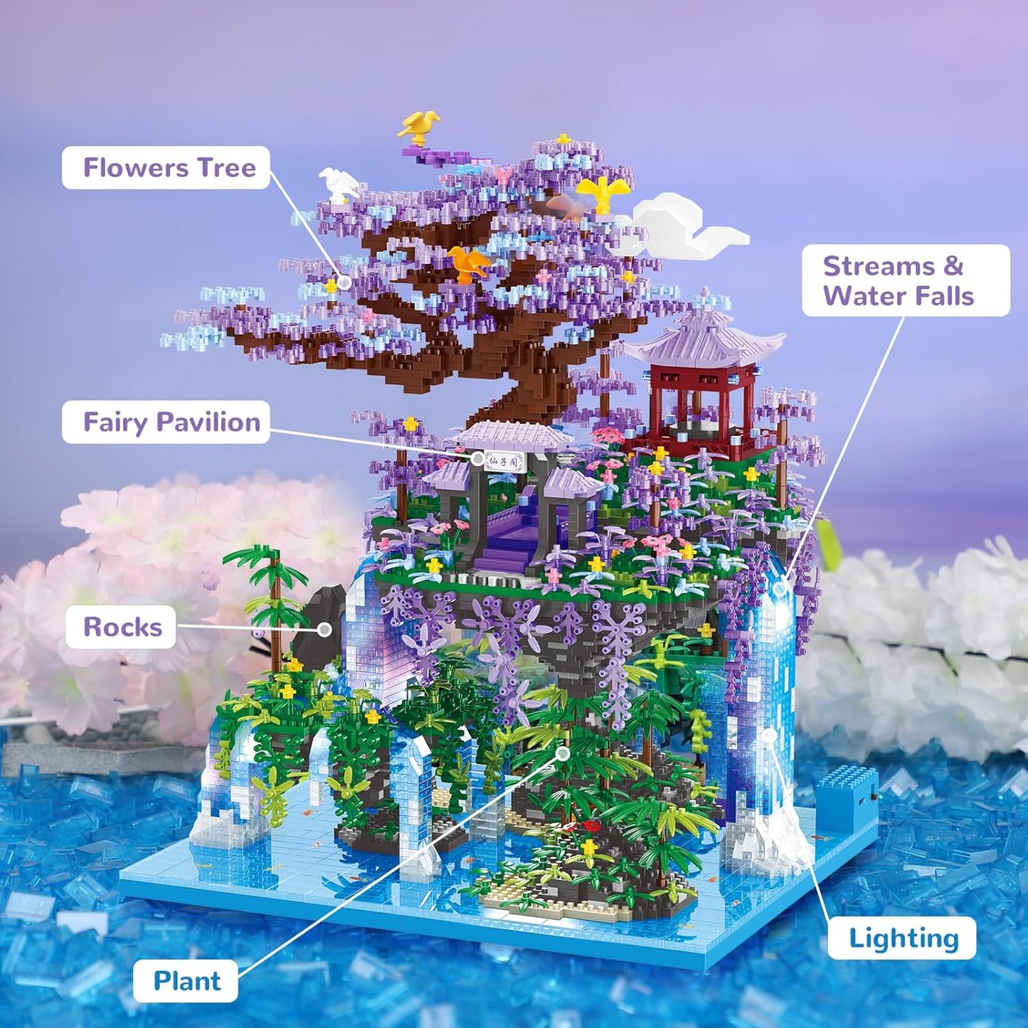Chinese Moon Palace Pavilion Building Blocks Set - Micro Miniature Bonsai Tree House with String Lights and Flowers for Adults and Kids (4574 Pieces)