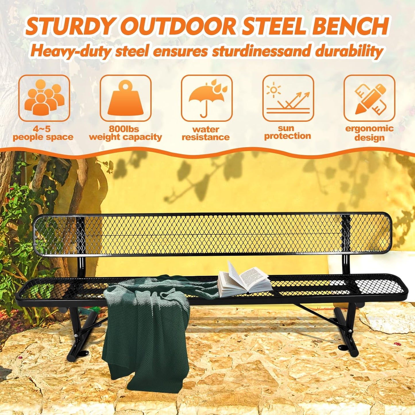 Drexo 8FT Heavy Duty Park Bench with Back Portable Frame, Outdoor Metal Park Bench with Backrest, Steel Mesh Outdoor Bench for Garden, Lawn, Patio, Porch, Park, Yard, Black