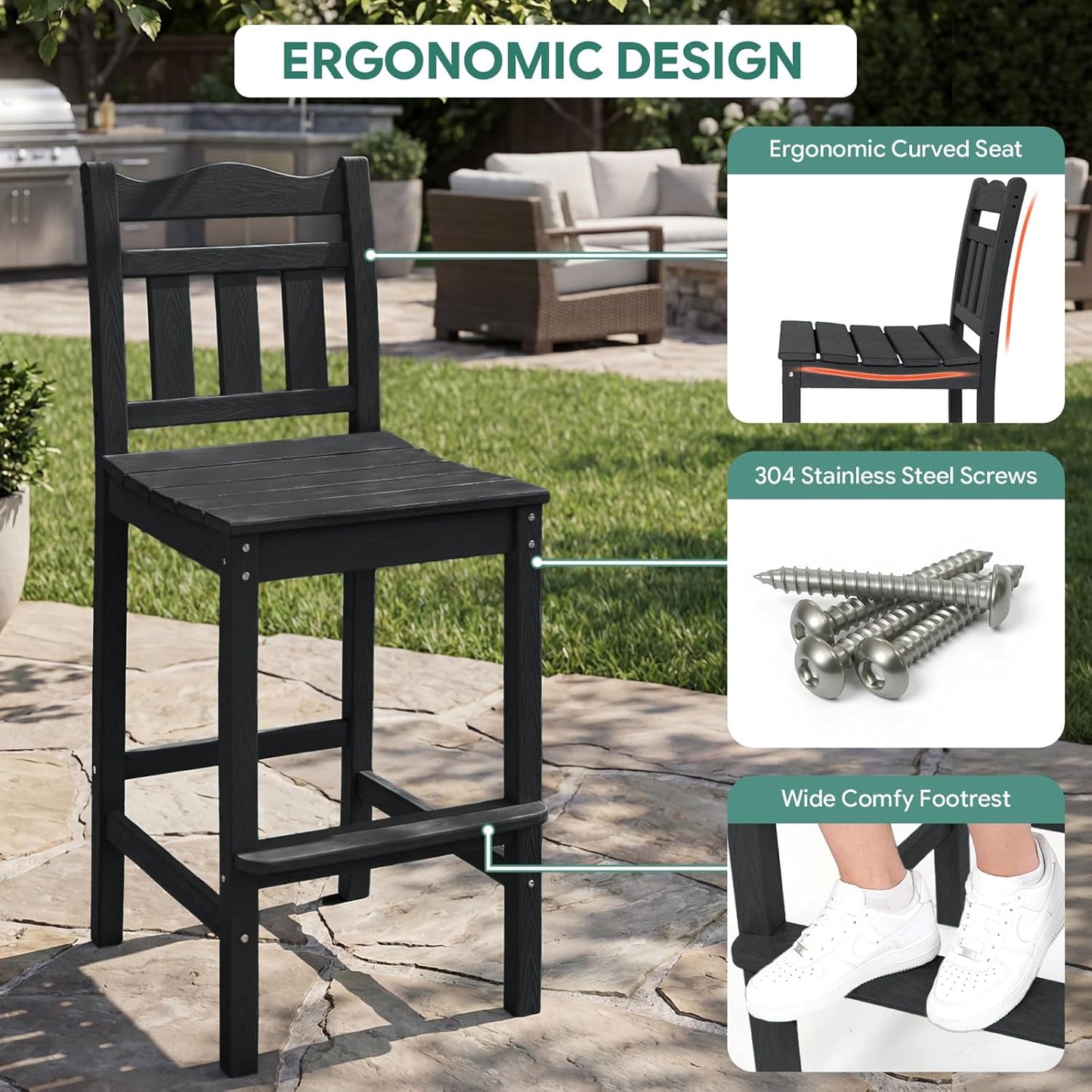 3-Piece Outdoor Bar Set, HDPE Adirondack Bar Height Chairs Set of 2 and Round Bar Table, All Weather Patio Bistro Set for Balcony, Poolside, Backyard (Black)