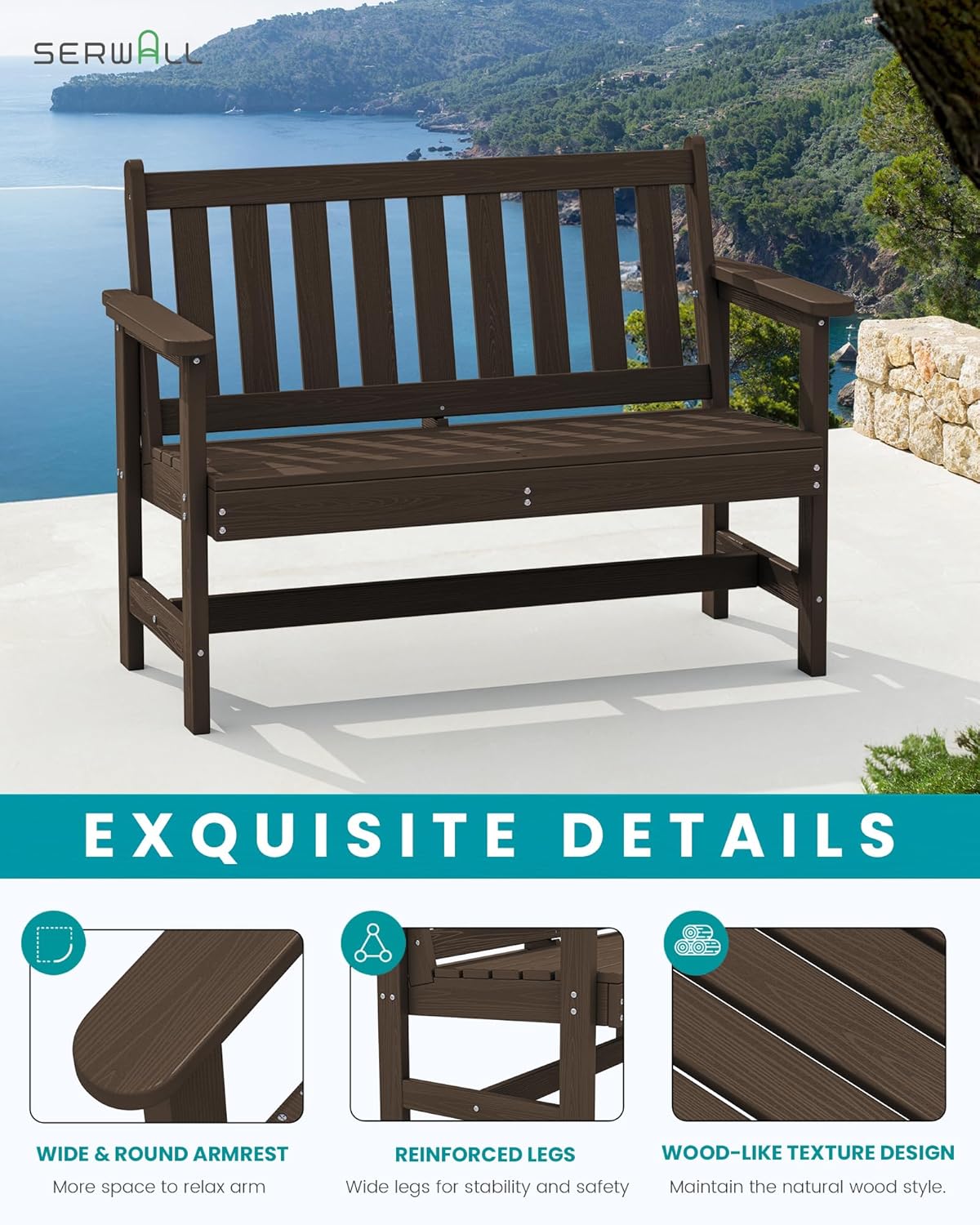 SERWALL Outdoor Bench, HDPE Outdoor Benches Weatherproof, 2-Person Garden Bench with 660 lbs Weight Capacity, Patio Benches for Outdoors, Garden, Porch, Backyard and Park, Coffee, 6 Pack