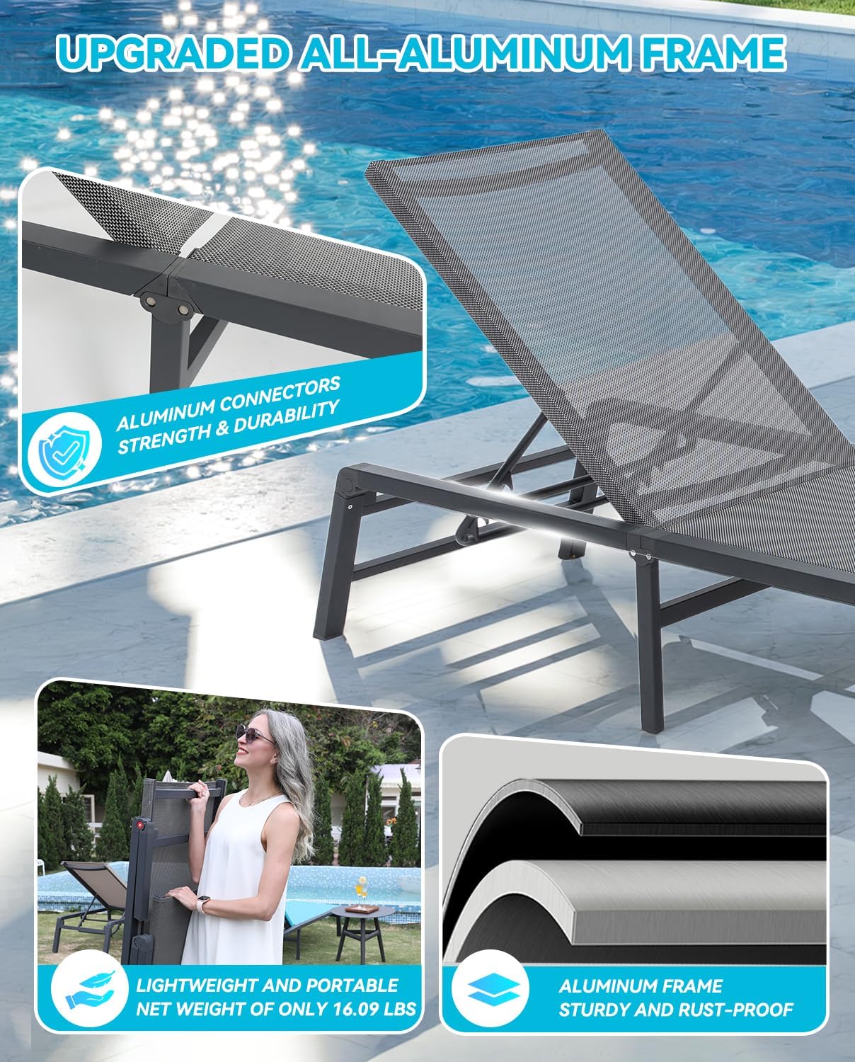 Aluminum Chaise Lounge Outdoor, Foldable & Assemble-Free Lounge Chair Outdoor Set of 2, Lounge Chair with 5 Adjustable Backrest, Patio Lounge Chair for Outside, Poolside, Beach, Pool, Grey