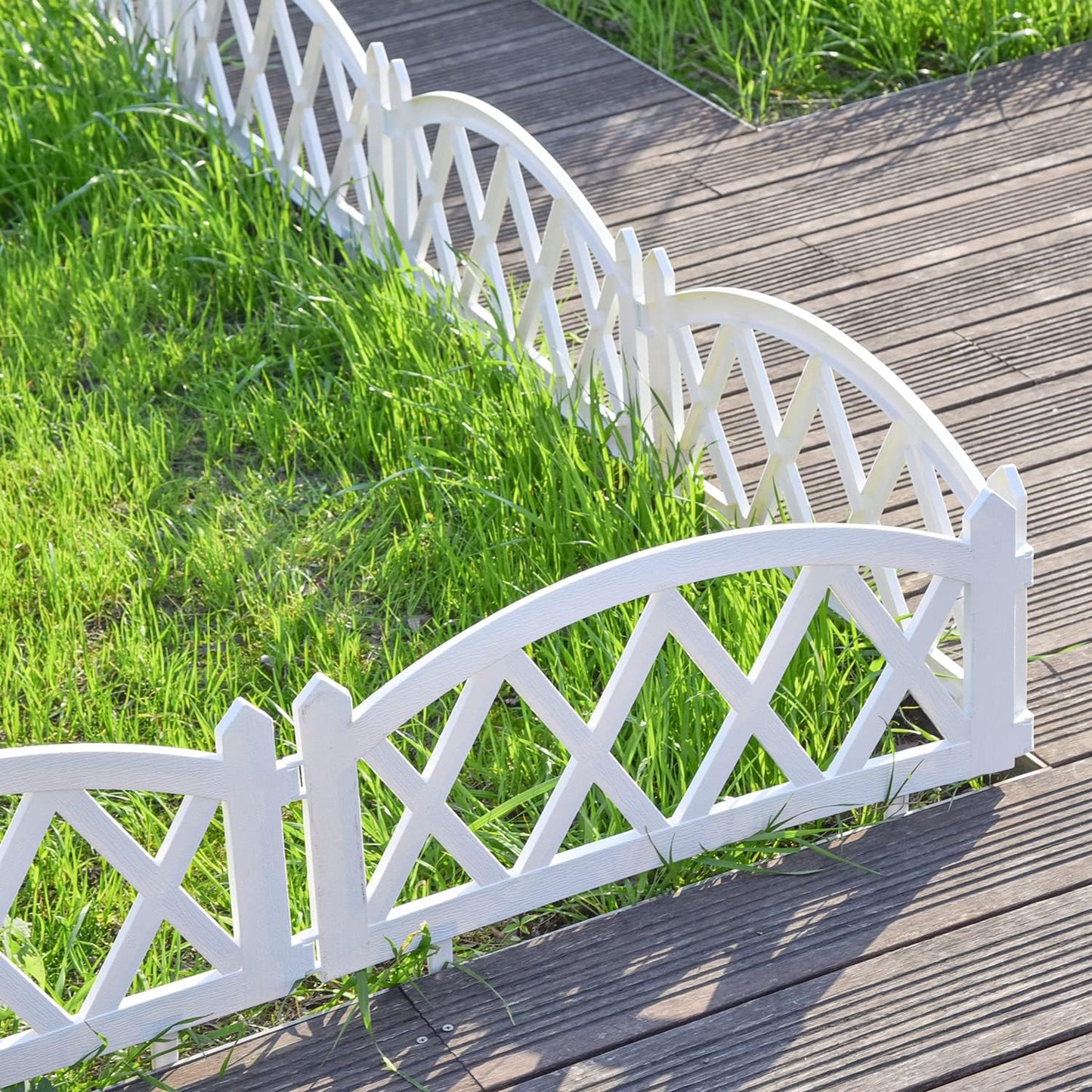Sungmor Plastic White Garden Picket Fence, Grass Lawn Flower Beds Landscaping Edging Borders, Outdoor Path Fence Panels, Pack of 8, Lightweight & Easy Installation