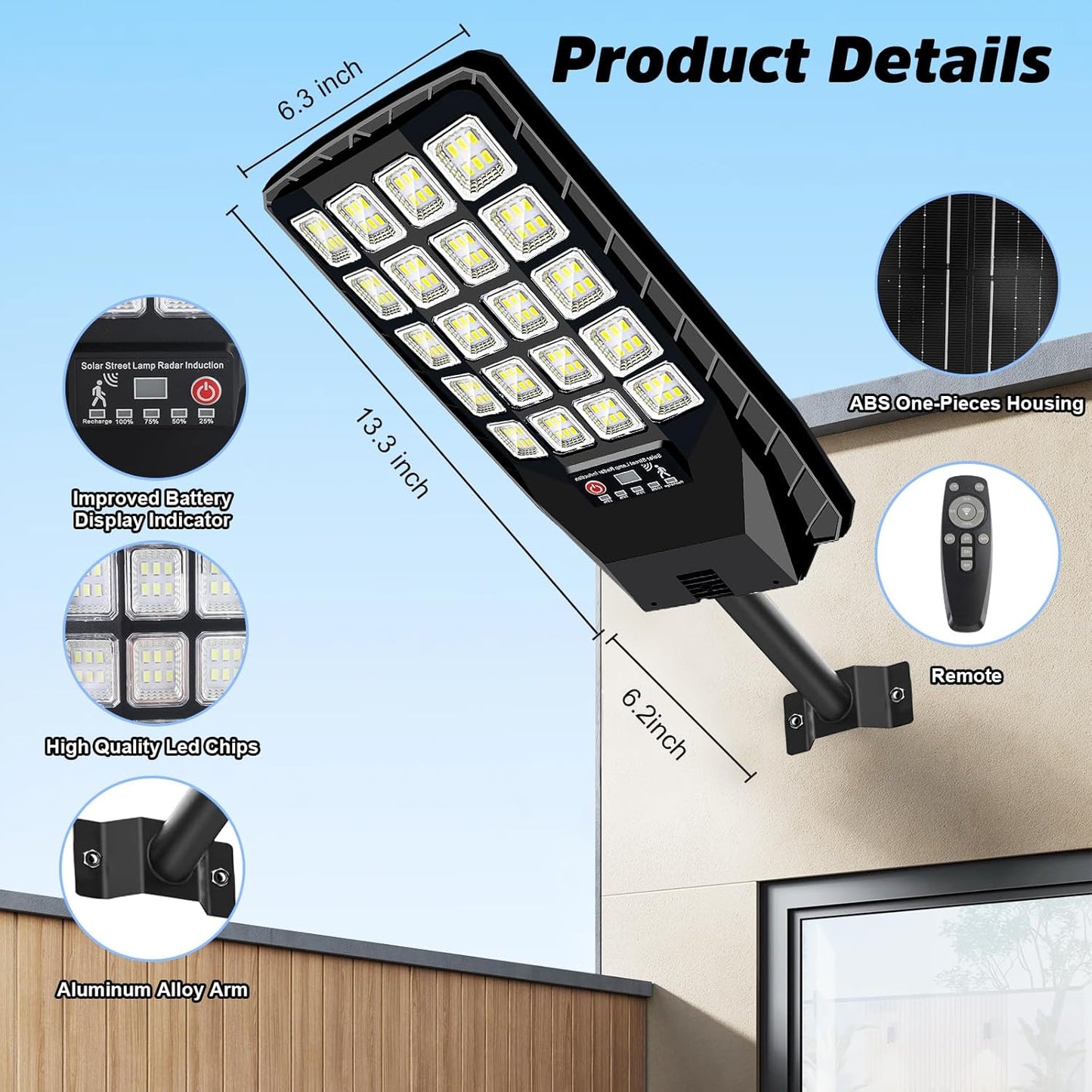 JWT 4 Pack Solar Street Lights Outdoor Waterproof - Solar Powered Flood Light with Motion Sensor & Remote Control 6500K 20000LM,Dusk to Dawn Commercial Solar Lights Outdoor for Parking Lot