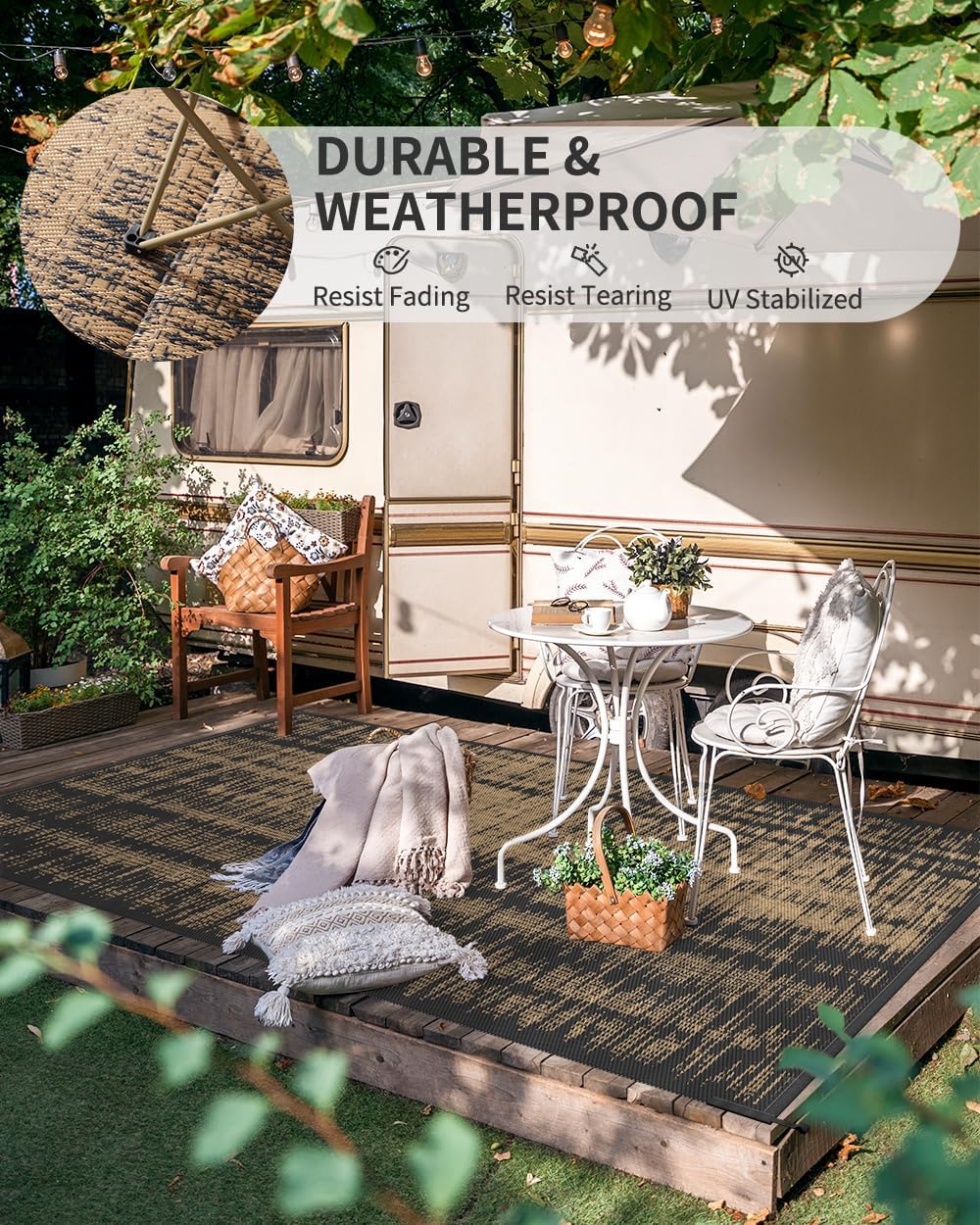 MontVoo Outdoor Rug Waterproof 5x8 ft Outdoor Carpet Patio Rug Mat Reversible RV Camping Rug Plastic Straw Outside Rug for Balcony Porch Deck Picnic Beach Modern Black Brown