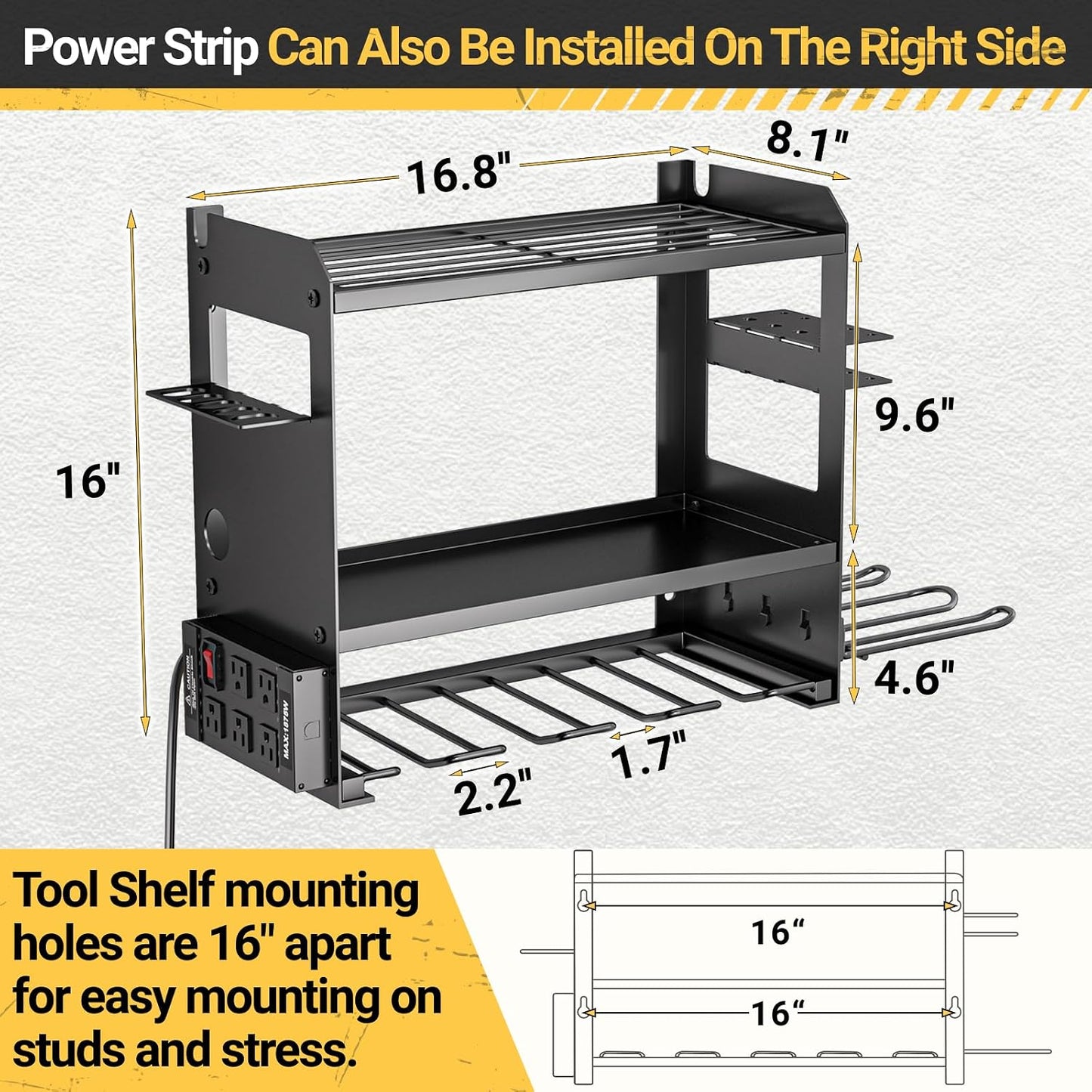 YYR Power Tool Organizer Wall Mount with Charging Station, Cordless Tools Hanger and Battery Storage Rack for Garage Organization, Heavy Duty Drill Holder Shelf Build in Metal Power Strip - Black