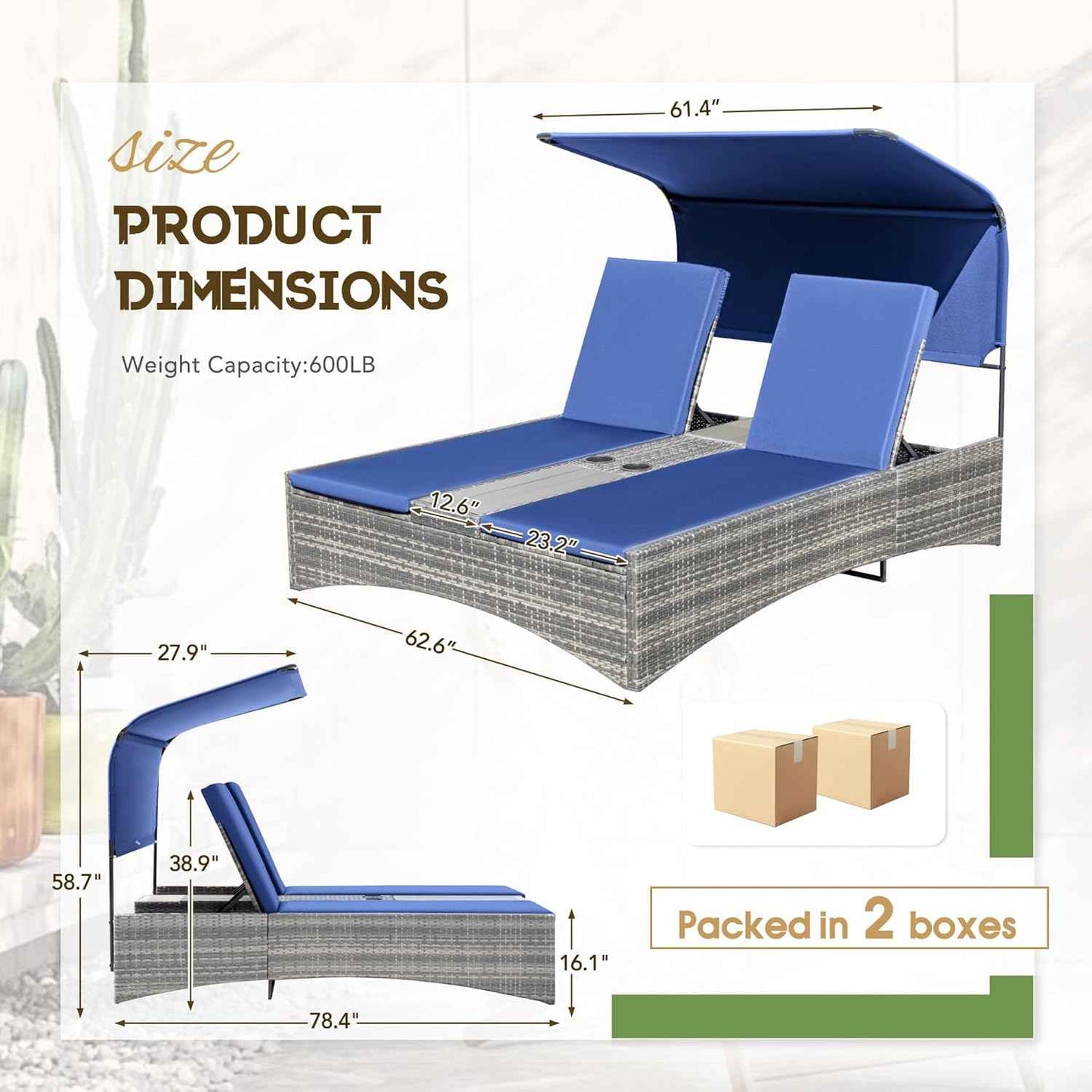 Flamaker Outdoor Double Chaise Lounge with Adjustable Canopy - 600LBS Capacity 2-Person Patio Daybed with Removable Cushions & Side Table, PE Rattan Sun Lounger for Pool, Garden, Backyard (Blue)