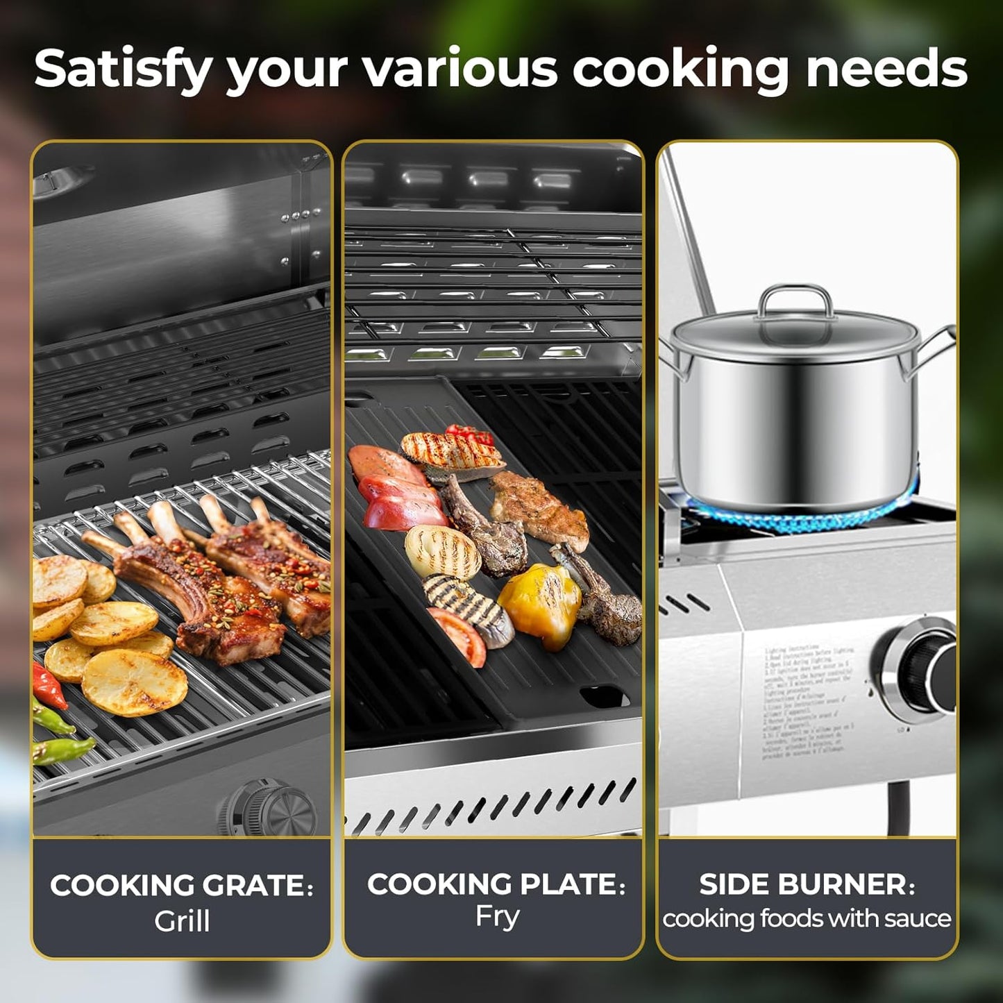 R.W.FLAME 3-Burner Propane Gas Grill With Sider Burner,304 Stainless Steel Propane Grill 34,000BTU,Multifunction & Protable Outdoor Barbecue Grill with Casters for Camping & Parties