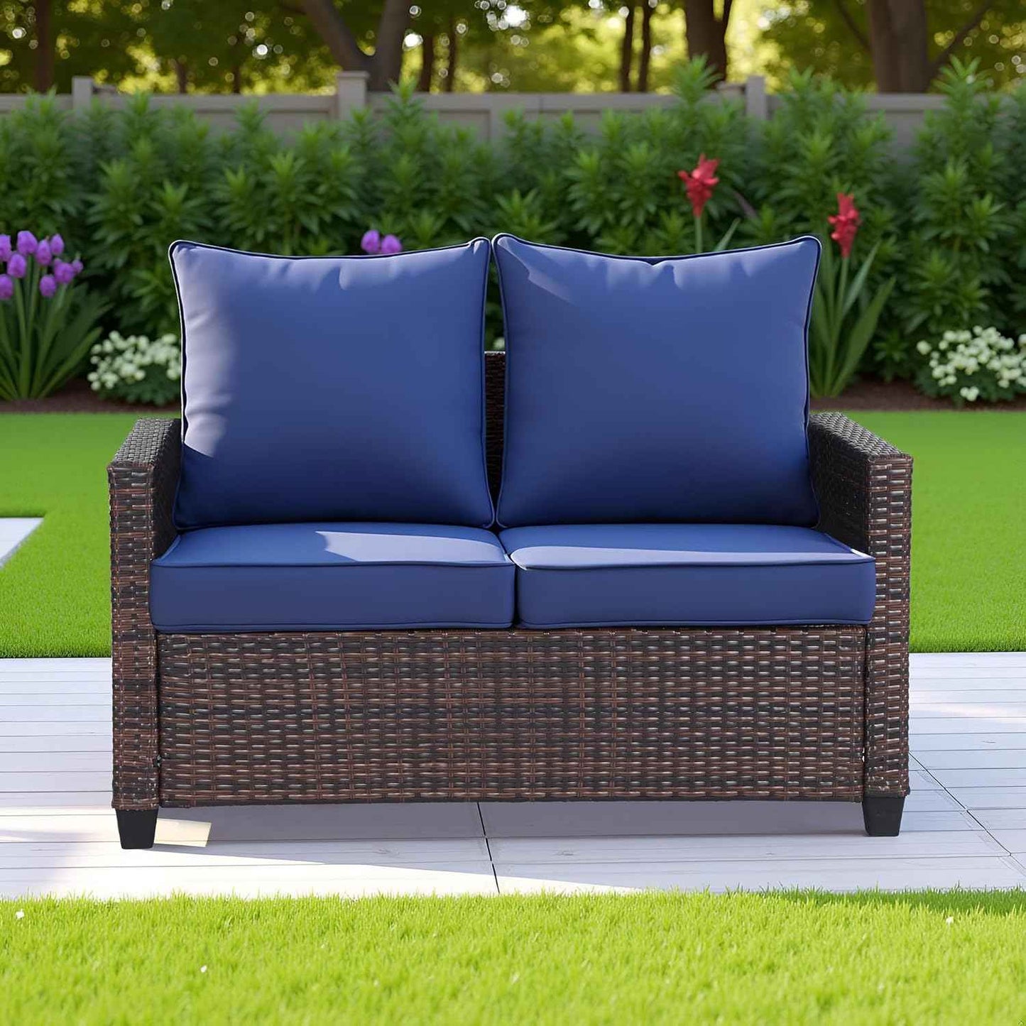 EortheX Outdoor Patio Loveseat,All-Weather Wicker Loveseat with Cushions – Rattan Outdoor 2 Person Sofa Furniture for Garden, Balcony, and Deck,Sectional Patio Love seat Sofa Set - Blue