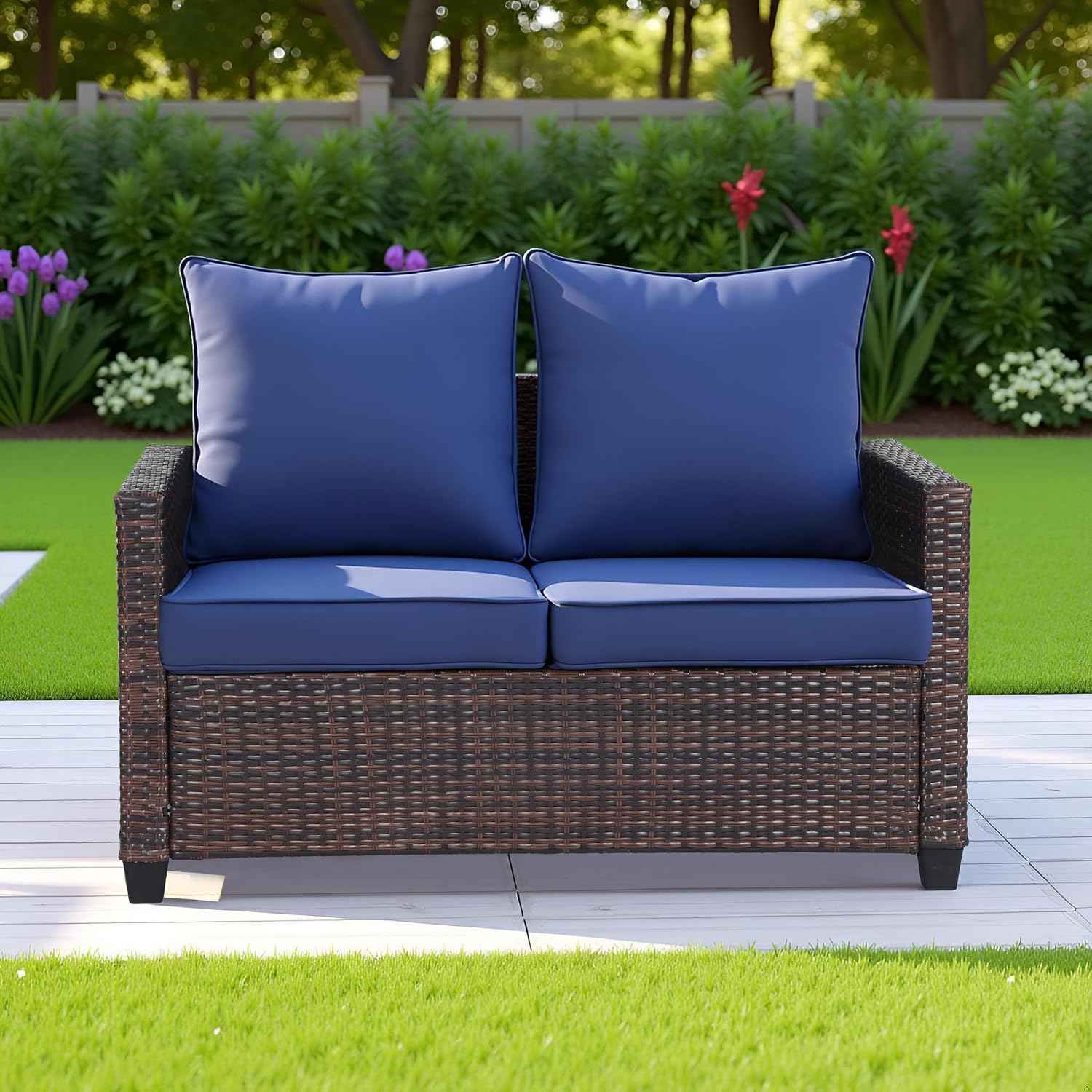EortheX Outdoor Patio Loveseat,All-Weather Wicker Loveseat with Cushions – Rattan Outdoor 2 Person Sofa Furniture for Garden, Balcony, and Deck,Sectional Patio Love seat Sofa Set - Blue