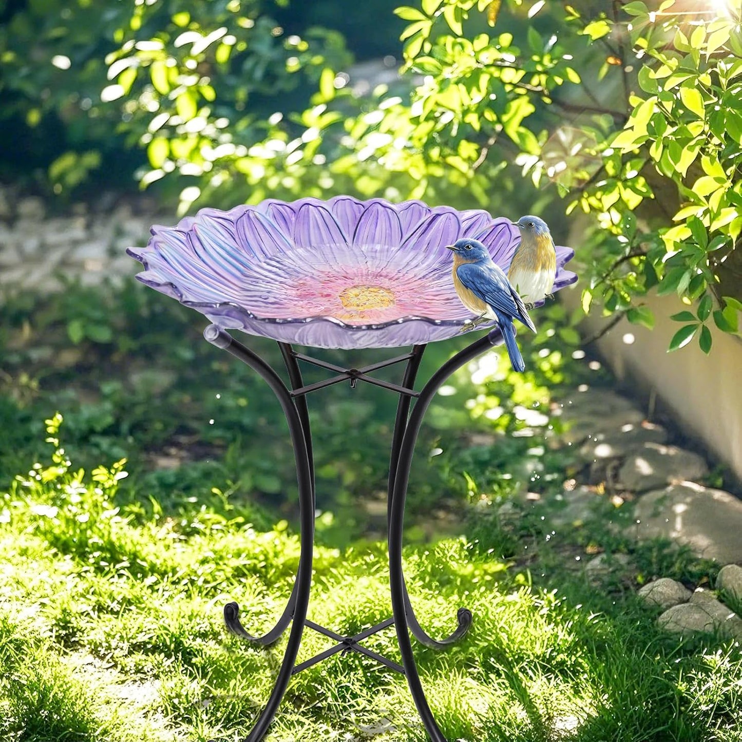MUMTOP Outdoor Glass Birdbath with Metal Stand for Outside Yard Garden Decor, 18 inch Diameter Purple Bird Baths Bowl for Outdoors, 21 inch Height
