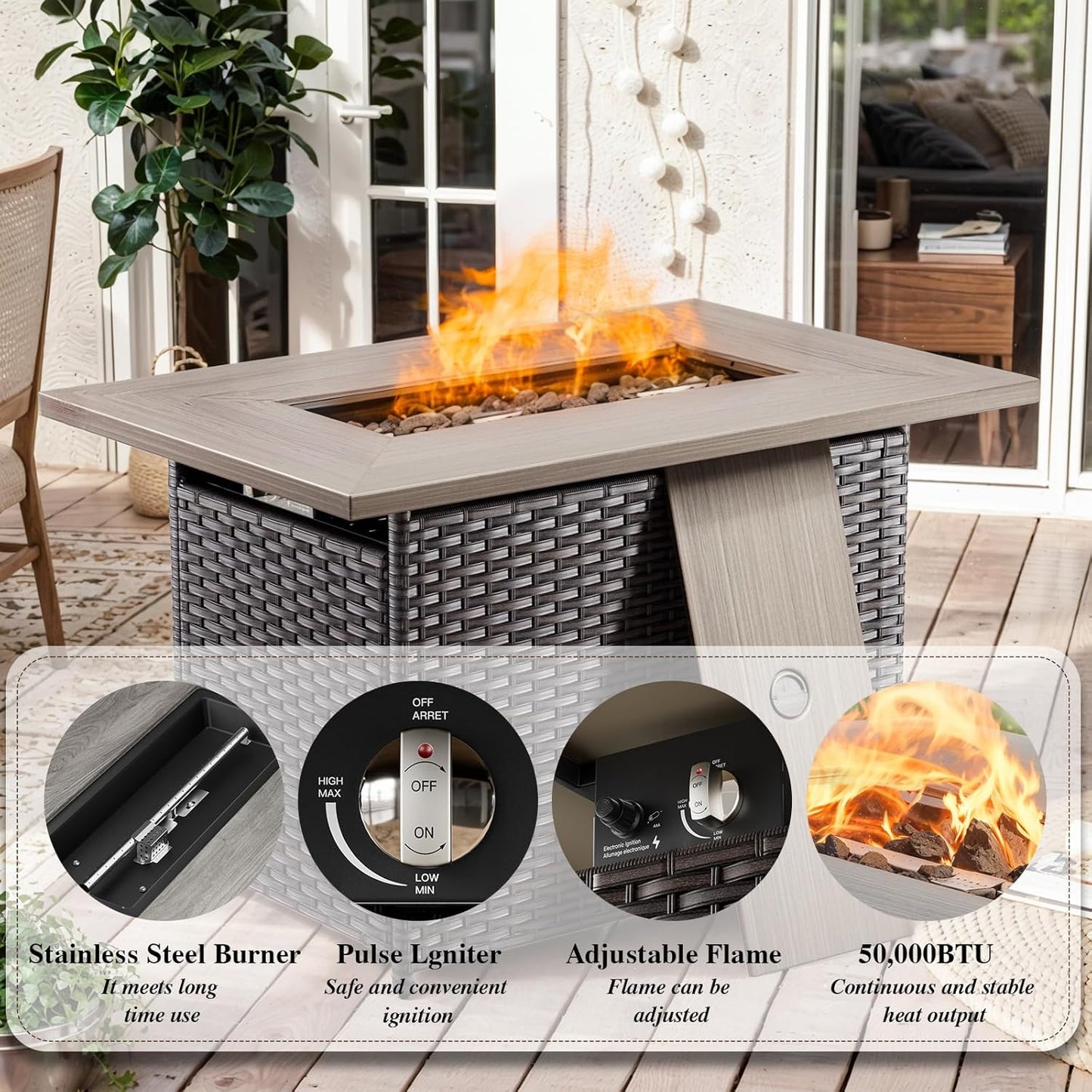 HUMMUH 7 Piece Patio Furniture Set with Fire Pit 41in 55,000 BTU,Wicker Outdoor Conversation Sets - Patio Swivel Chairs Sofa Ottomans,Side Table for Porch,Garden,Backyard