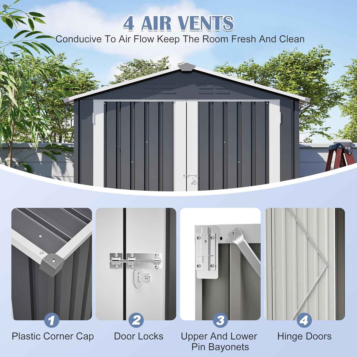 6'x4' Outdoor Storage Shed, 6x4 FT Galvanized Metal Garden Shed with Lockable Double Door & Floor Base, All-Weather Utility Tool Shed with 4 Vents for Backyard, Patio, Lawn, Gray