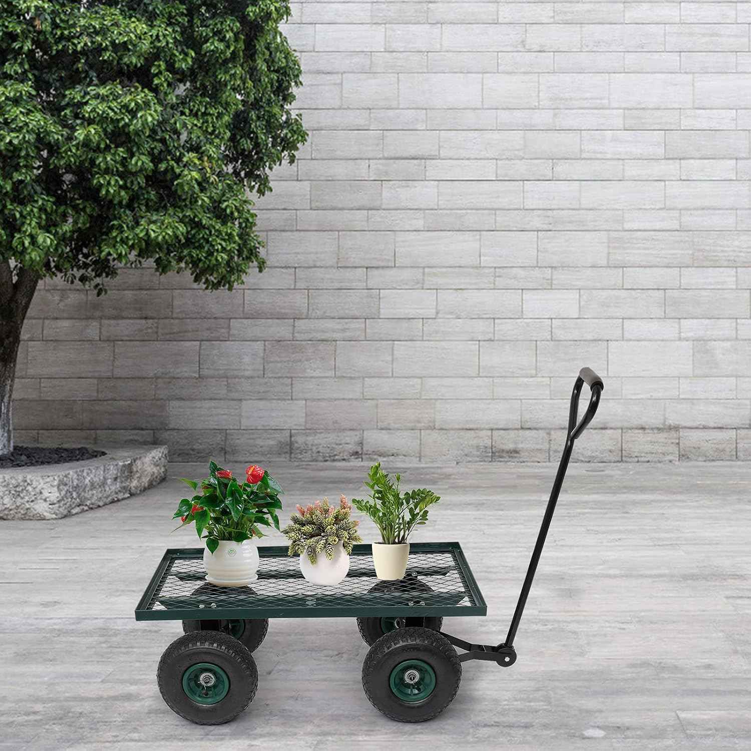 Outvita Metal Deck Garden Cart with 10” Air Tires, Heavy Duty Wagon Cart for Farm, Yard and Cargo (Green)