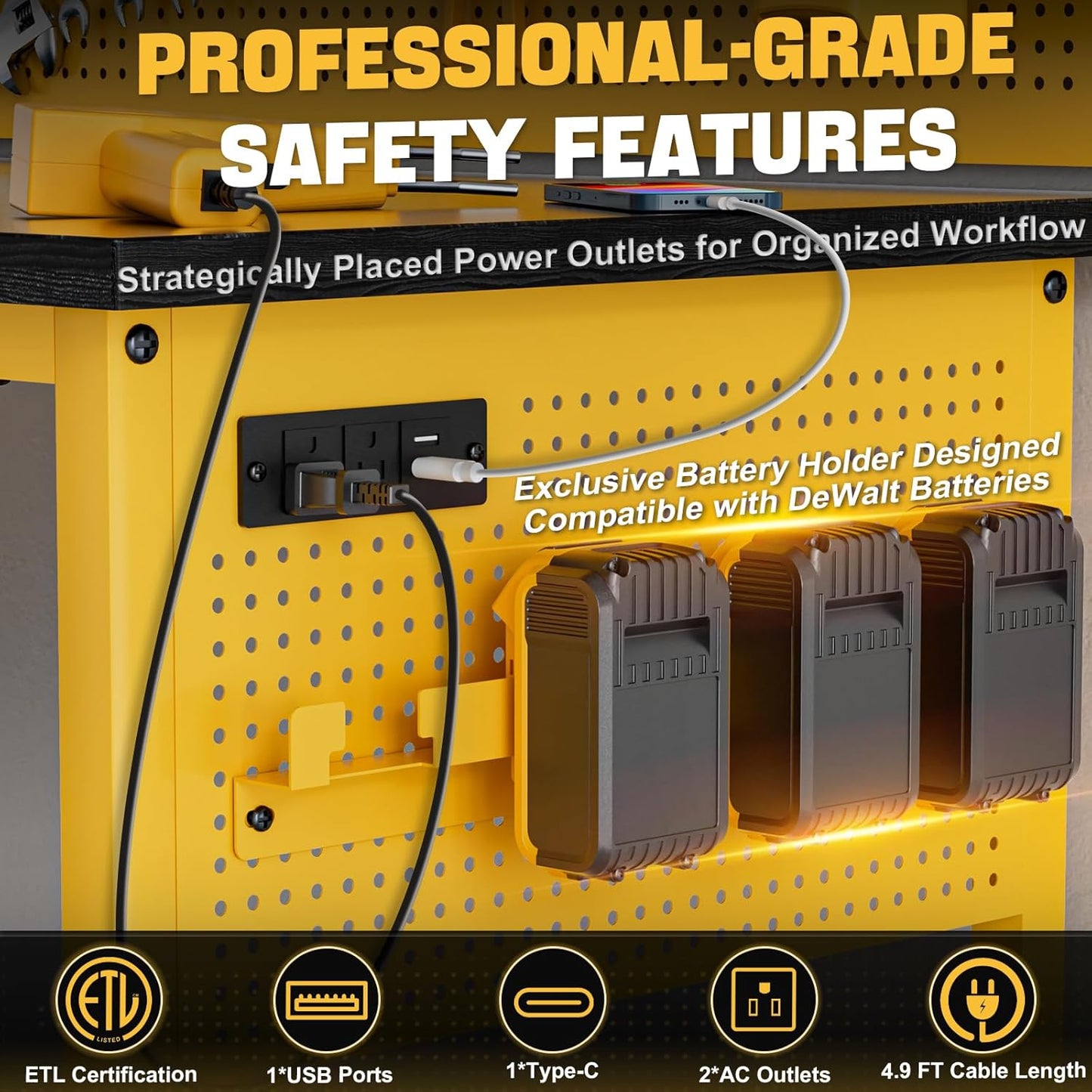 47" Heavy Duty Adjustable Workbench with Power Outlets, Pegboard & Locking Wheels - 2100LB Capacity Garage Work Table, Compatible with DeWalt Battery, Reinforced Steel Frame for Workshop & Home Use