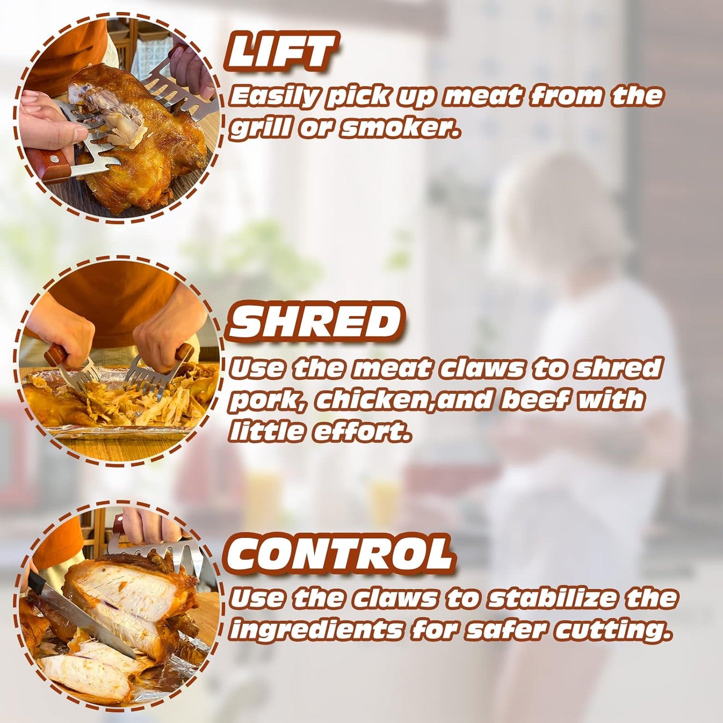 LOPE & NG Meat Handler Shredder Claws Set Of 2 - Wood Stainless Steel BBQ Pulled Pork Paws For Shredding Handing Carving Food - Lumora Garden