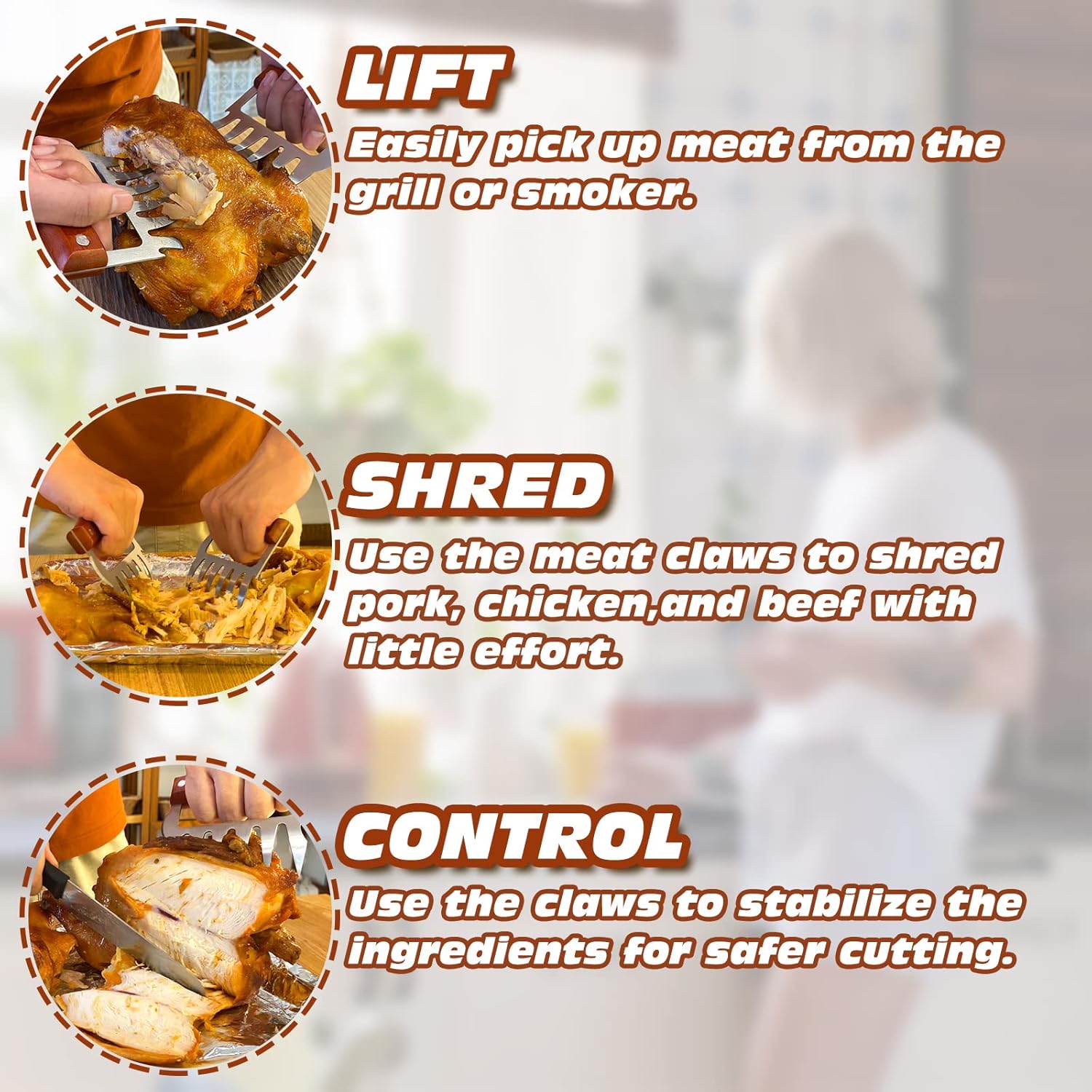 LOPE & NG Meat Handler Shredder Claws Set Of 2 - Wood Stainless Steel BBQ Pulled Pork Paws For Shredding Handing Carving Food - Lumora Garden