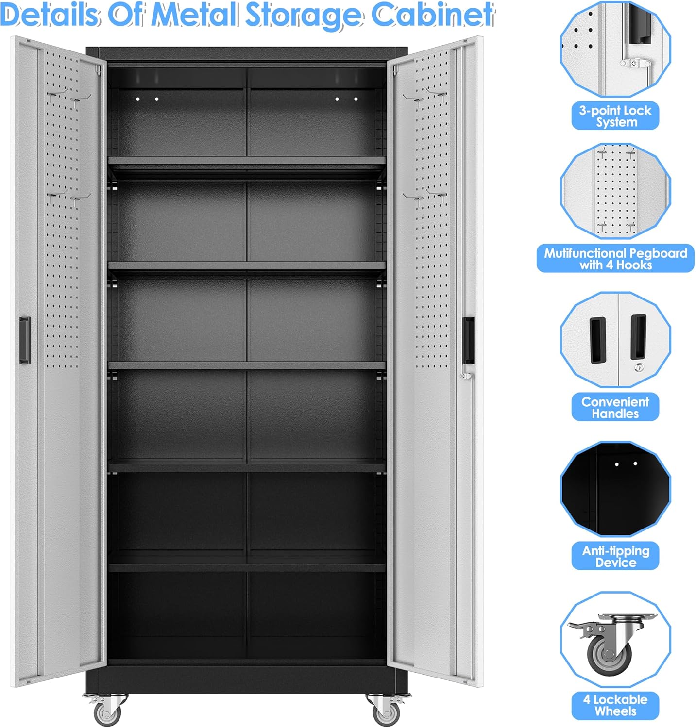 Garage Storage Cabinet with Wheels & Pegboard, Lockable Metal Storage Cabinet with Doors and 5 Adjustable Shelves for Garage, Home, Storage, Assembly Required, Black and Silvery, 71" H×34" W×18" D