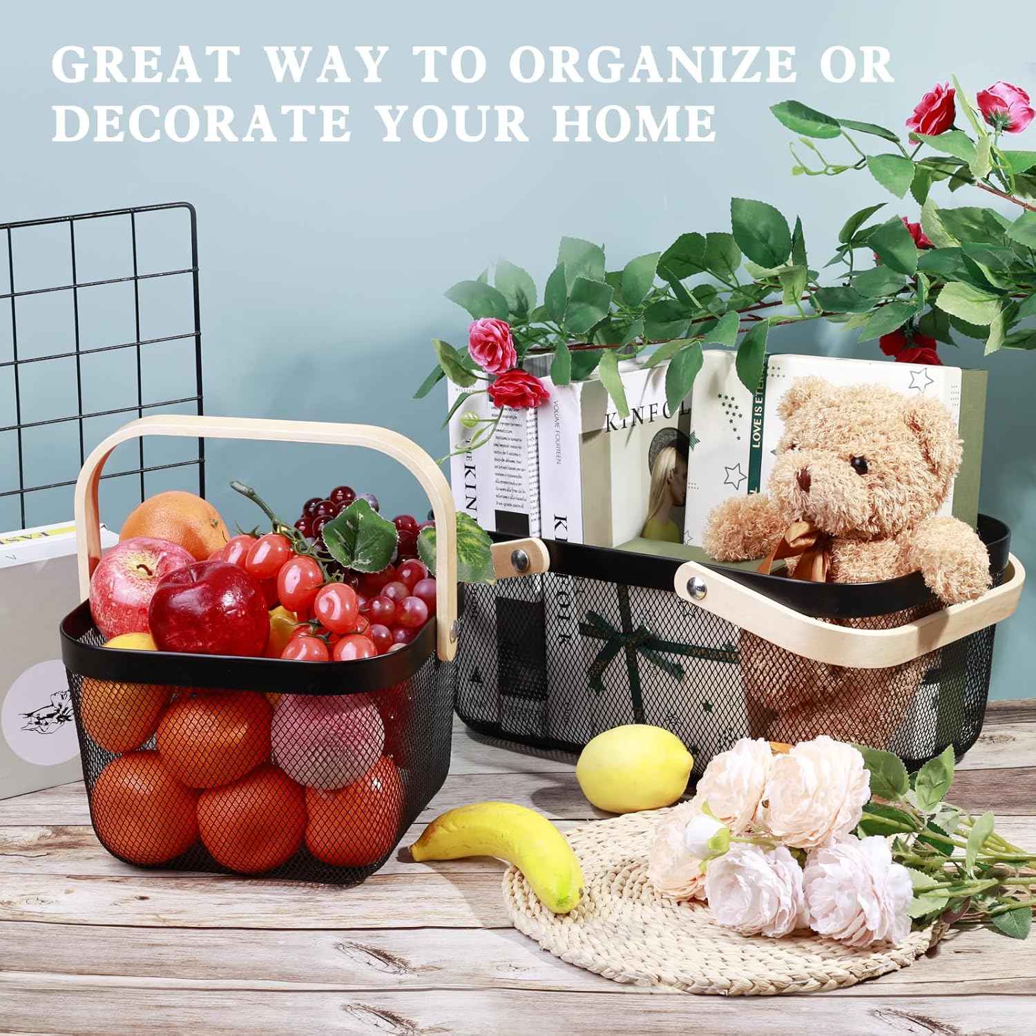 2 Pack Garden Harvest Basket, Metal Mesh Wire Picnic Basket with Handle, Rectangle Garden Baskets for Gathering Vegetables, Fruits, Kitchen, Home Cabinet Closet and Office(Black)