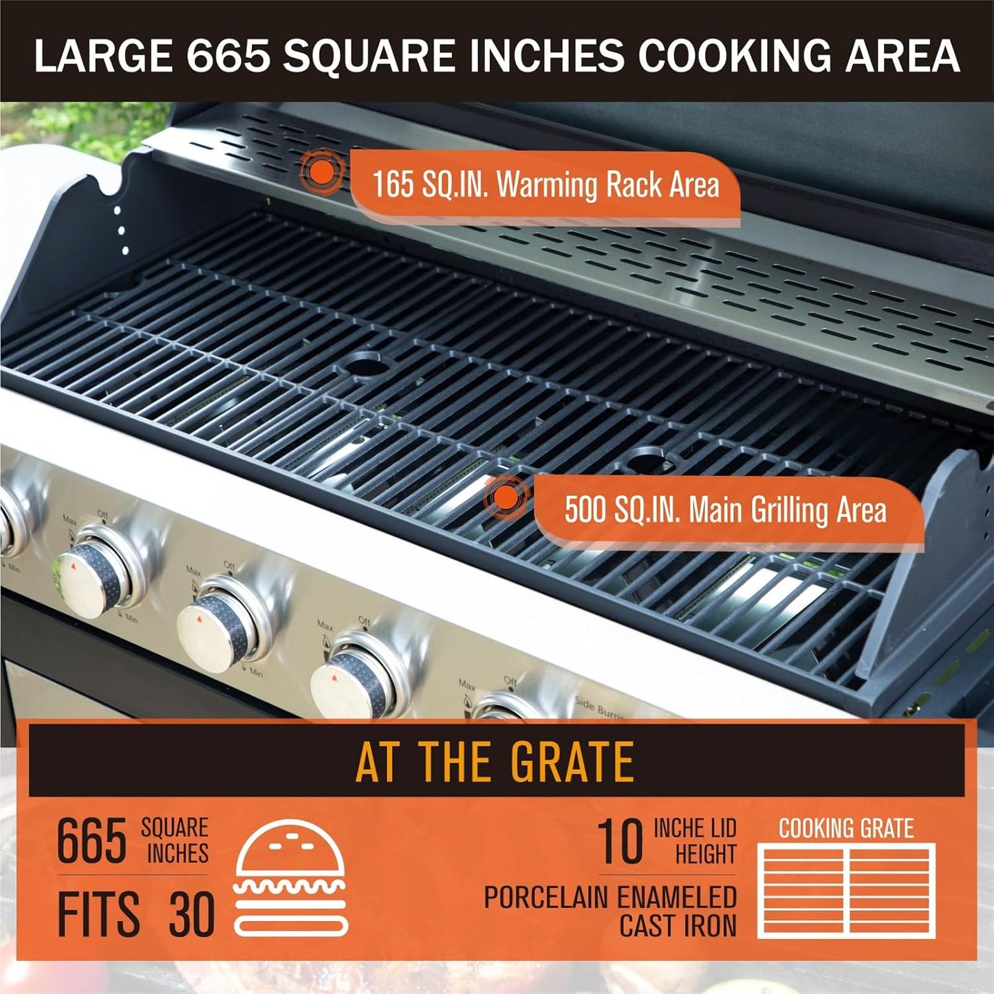 Sophia & William 6-Burner Propane Gas BBQ Grill with Side Burner & Porcelain-Enameled Cast Iron Grates, Stainless Steel Barbecue Grills Outdoor Cooking for Outside, 665 SQ.IN. Cooking Area, 65,800BTU