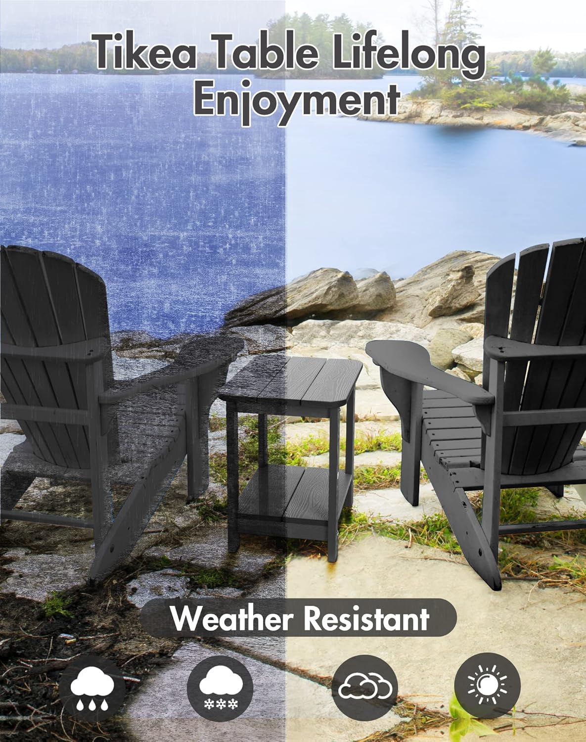 Tikea, Black Adirondack Outdoor Side Table, 16.7'' x 12.6'' x 16.7'', Weather Resistant, Double End Table for Patio, Garden, Lawn
