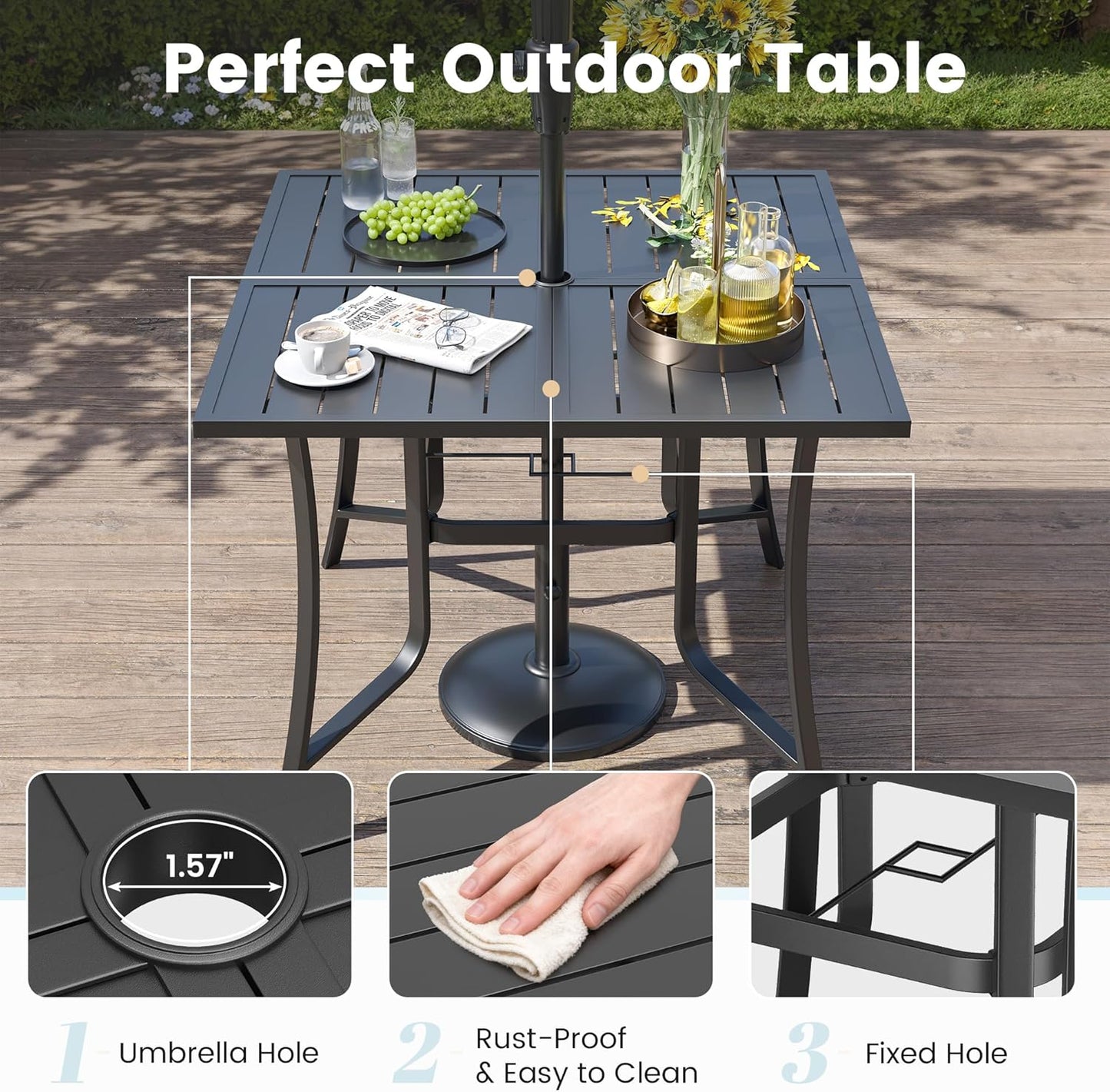5 Pieces Patio Dining Set, Padded Patio Outdoor Furniture Set of 4 Patio Swivel Dining Chairs and 36" Patio Spliced Square Tabletop with Umbrella Hole, for Deck, Backyard, Poolside & Garden
