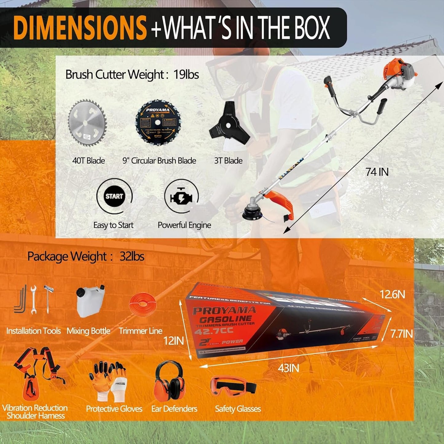 PROYAMA 42.7cc Gas Weed Wacker, 3 in 1 Weed Eater Gas Powered, Brush Cutter and Gas String Trimmer 2-Cycle Extreme Duty, 5 Year Warranty Gearbox, Grass Trimmer 2025 Upgraded…