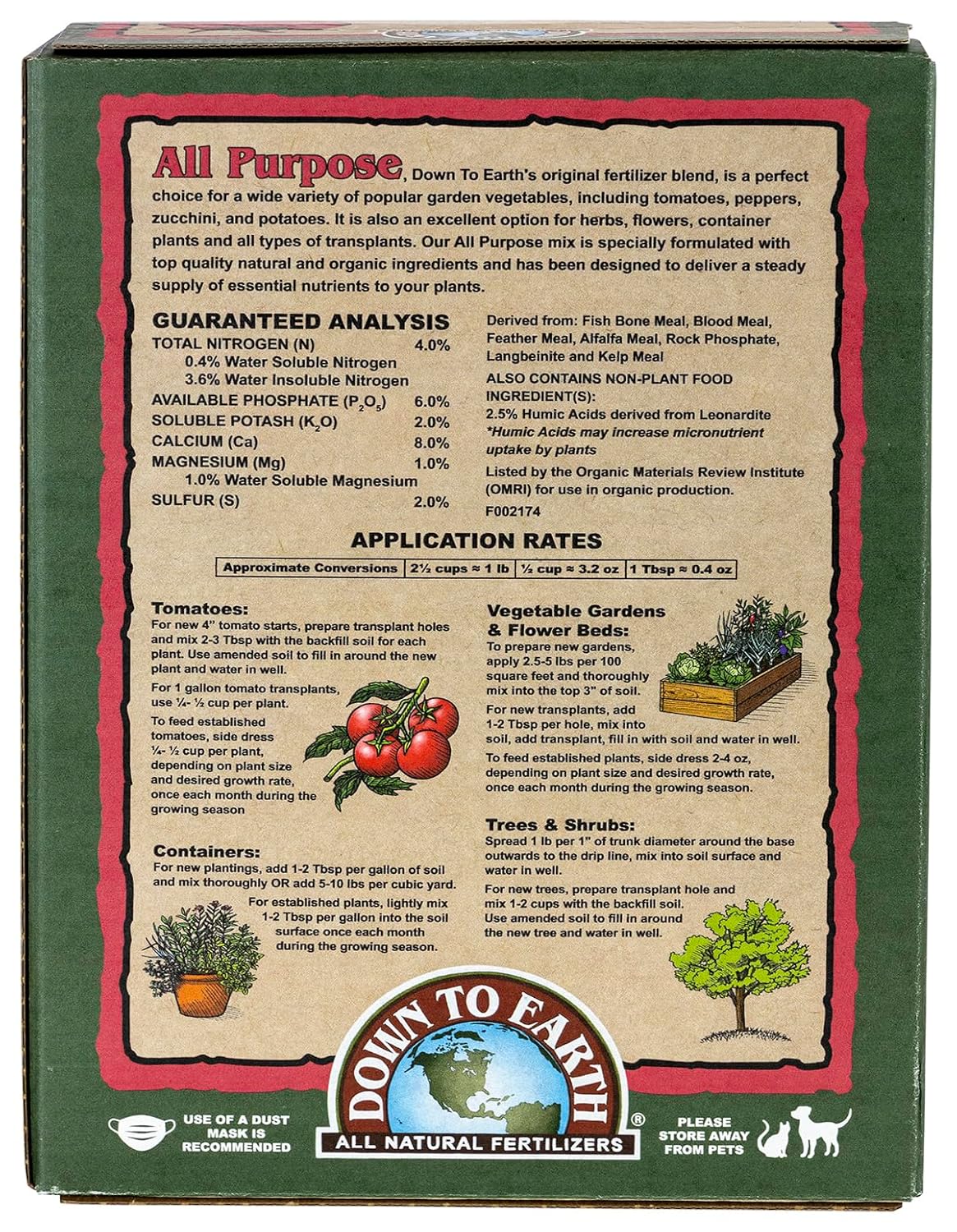 Down To Earth All Natural Fertilizers Organic All Purpose Tomato & Vegetable Mix - Plant Food for Tomatoes, Peppers, Herbs and Flowers 4-6-2, 5 lb