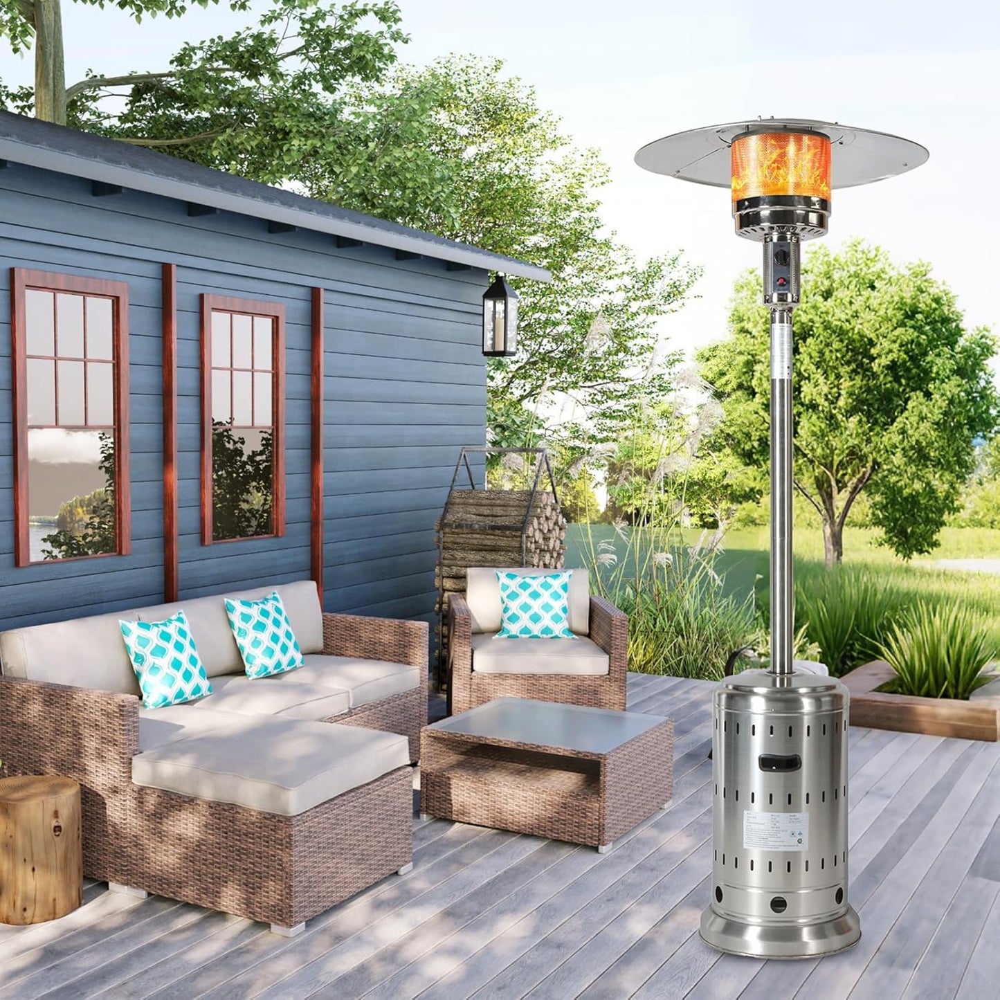 48,000 BTU Patio Heater for Outdoor Use with Wheels and Cover, Outdoor Stainless Steel Burner for Garden Commercial Residential, High Power Propane Heater, Triple Protection System