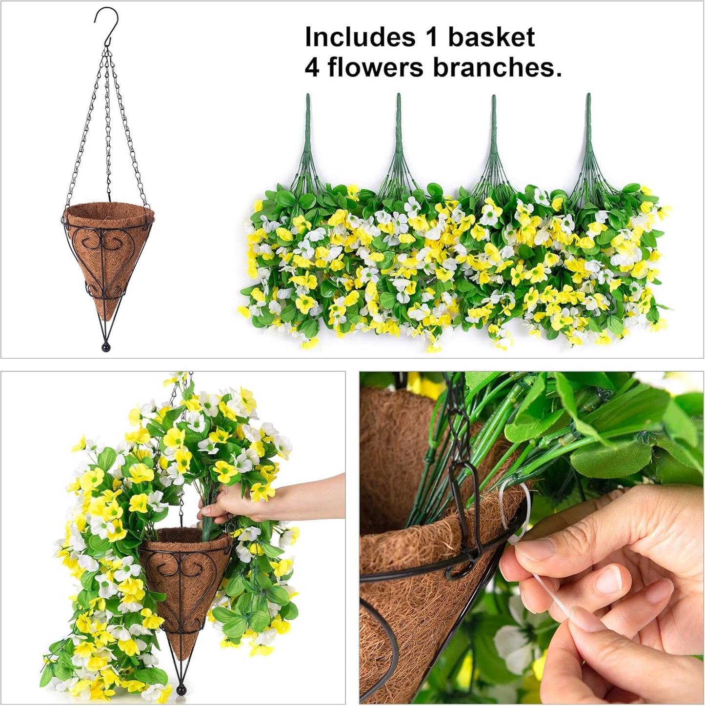 Ammyoo Artificial Hanging Flowers in 12 inch Basket, Fake Plant Silk Orchid Flower Arrangement with Coconut Lining Pot Planter for Patio Garden Porch Deck Spring Summer Decor(Yellow White)