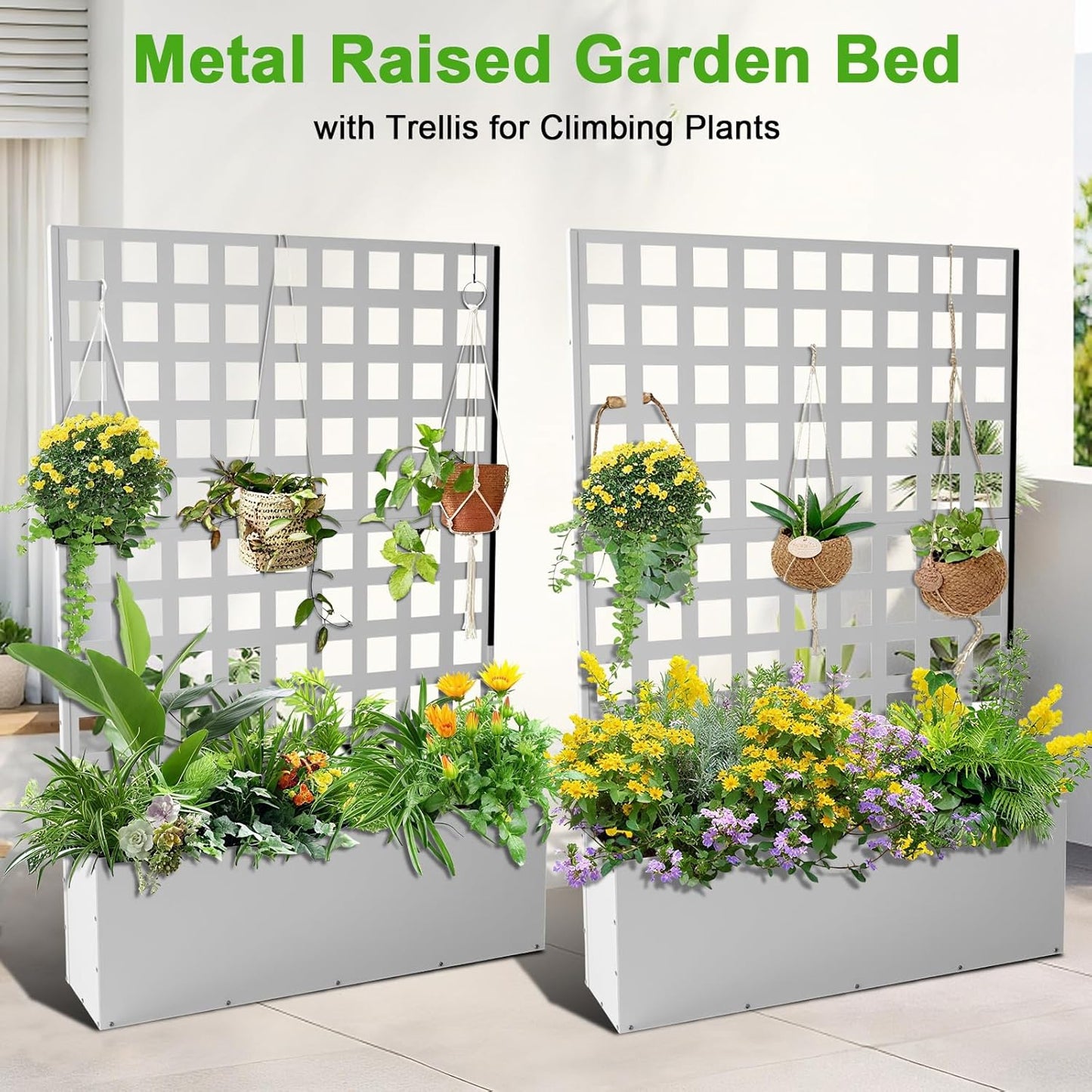 Metal Planter Box with Trellis, Outdoor Galvanized Raised Garden Bed with Privacy Screen & Drainage Holes & Lockable Casters for Climbing Plants, Vegetable