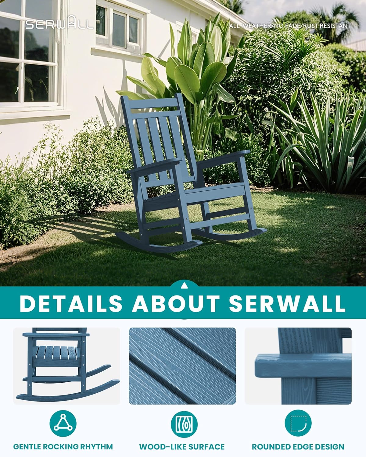 SERWALL Oversized Outdoor Rocking Chair, HDPE Rocker with Cushion, Patio Rocking Chairs for Porch, Blue Chair+Beige Cushion