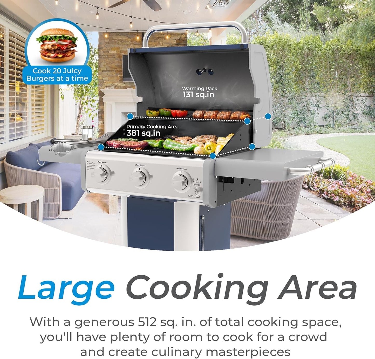 Kenmore 3-Burner Propane BBQ Grill, 30,000 BTUs Gas Grill with Cast Iron Cooking Grates, Folding Side Tables & Wheels, Outdoor Grill with Tool Hooks, Azure Blue