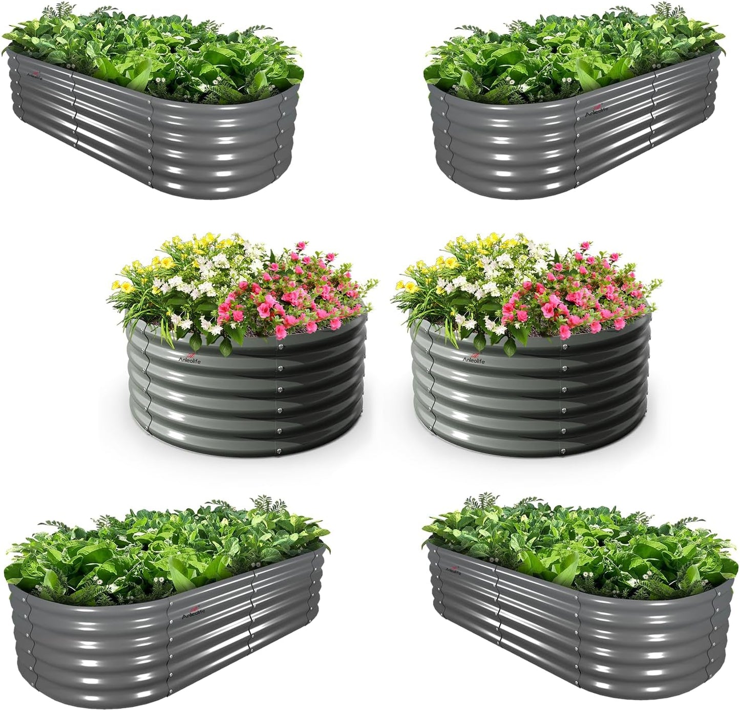 A ANLEOLIFE 6-Pack 4X4X1.5ft & 6X2X1.5ft Deep Root Galvanized Raised Garden Beds Outdoor for Planting Vegetables Flowers Herb, Quartz Grey