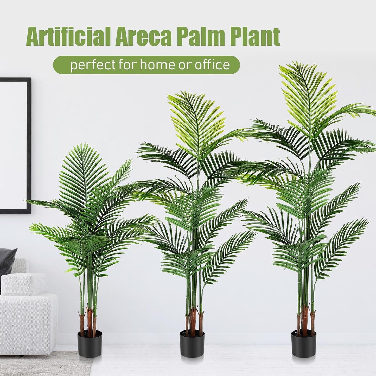 Jexine 3 Pack Artificial Areca Palm Plant Fake Palm Tree, Faux Plant for Home Decor Indoor Outdoor Faux Areca Palm Tree in Pot for Home Office Housewarming Gift Modern Decoration (4 Ft,5 Ft,6 ft)