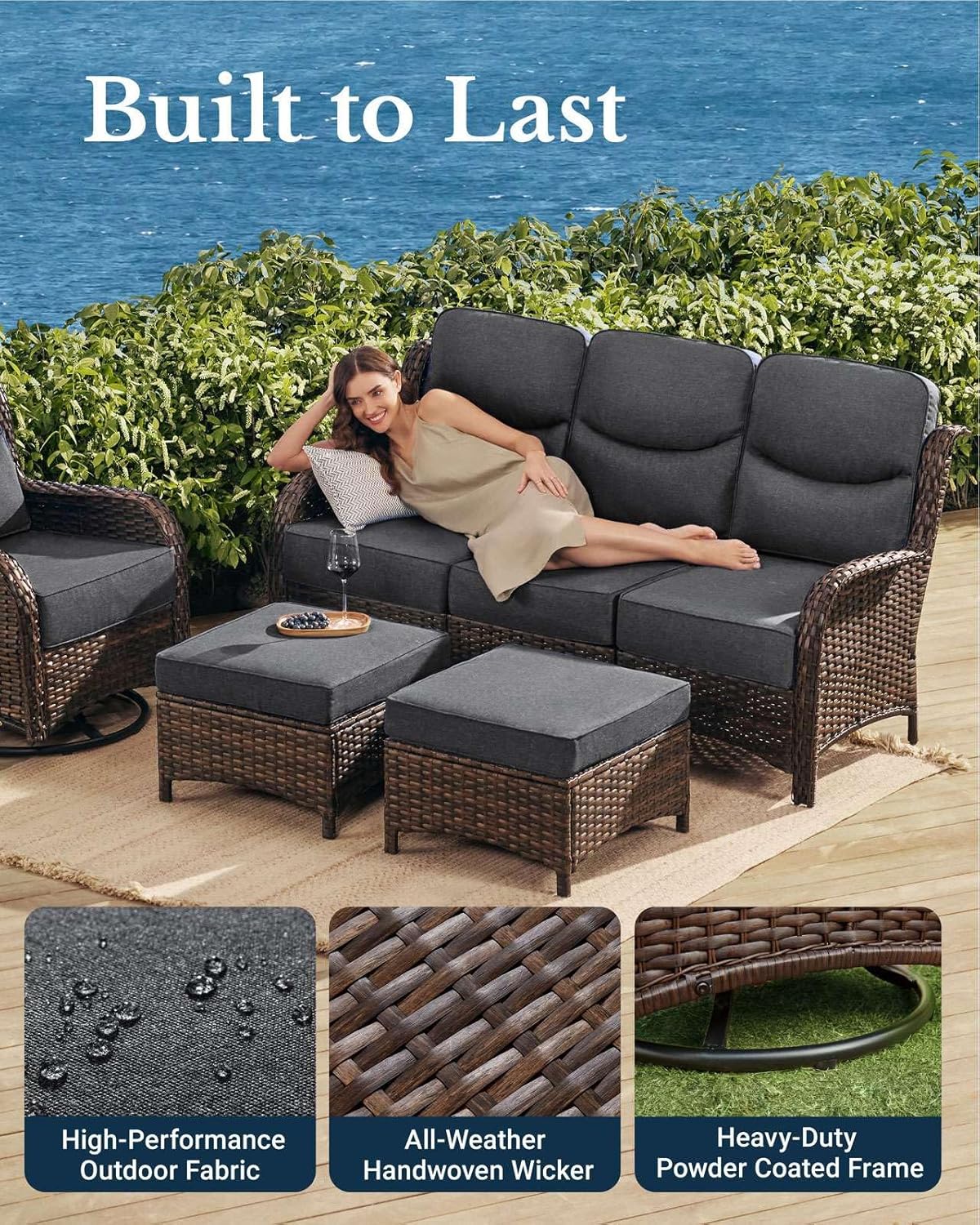 HILLGA Luxury Patio Furniture Set with 6-inch Thick Cushion, Outdoor Couch and High Back Swivel Rocker Patio Chairs, 11PCS Wicker Conversation Set for Deck Yard and Poolside, Dark Grey (V2)